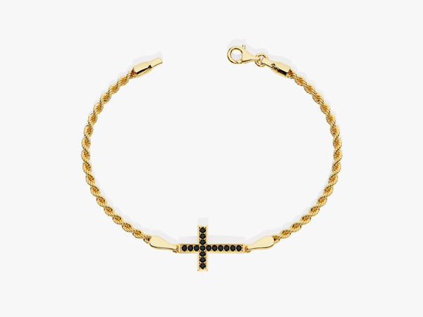 14k Solid Gold Black Diamond Cross Bracelet