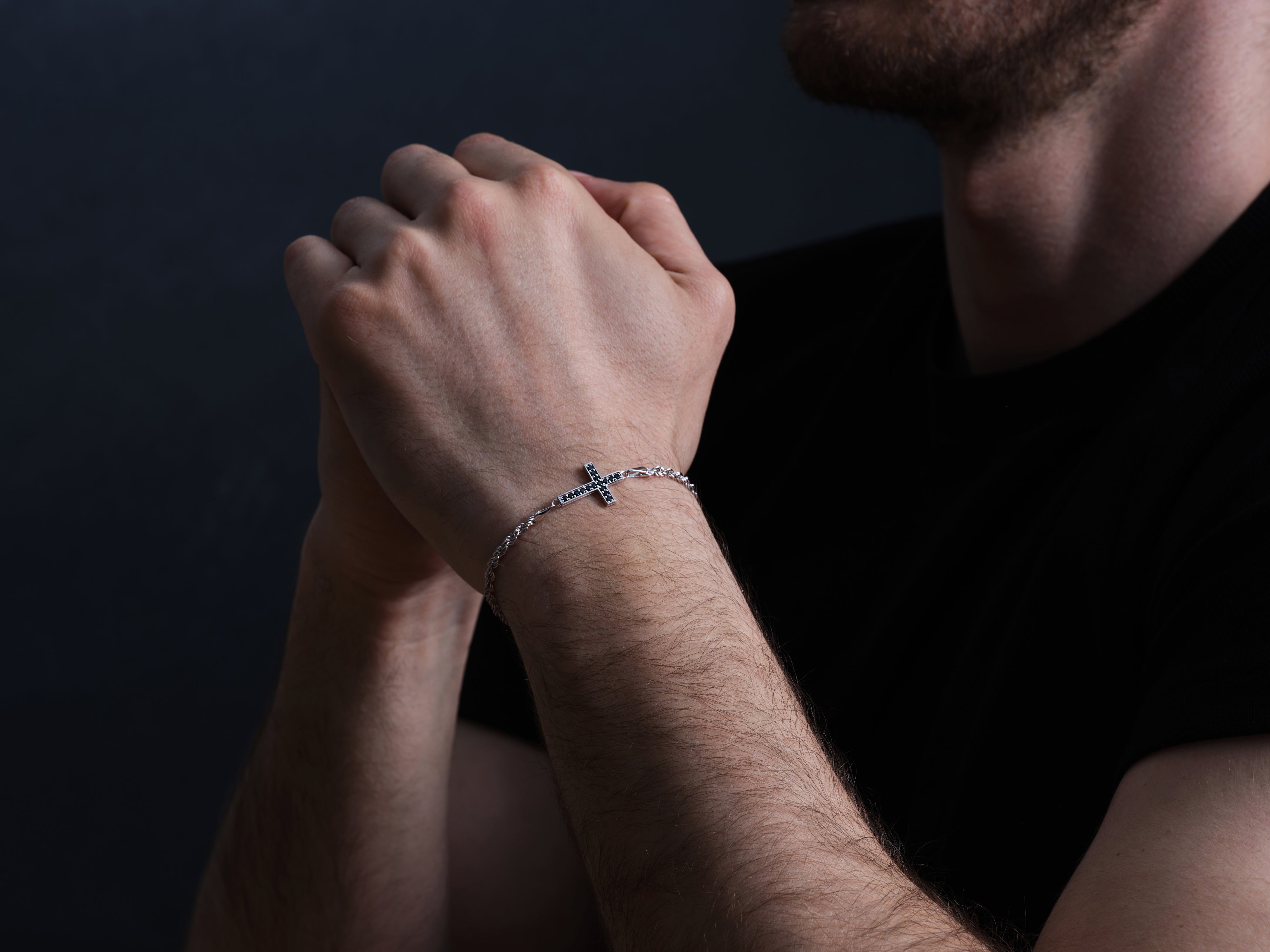 14k Solid Gold Black Diamond Cross Bracelet