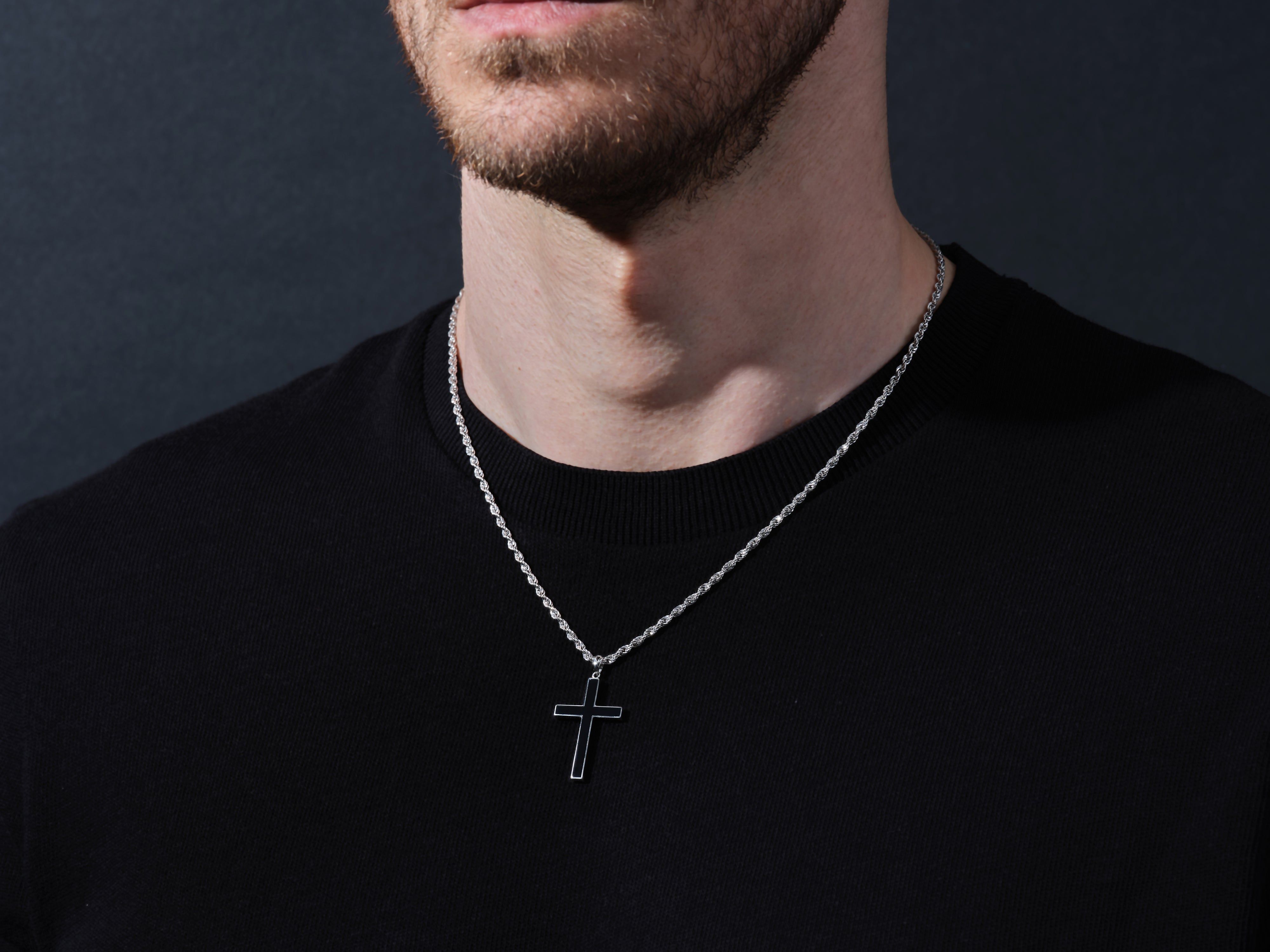Men's silver cross necklace with rope chain
