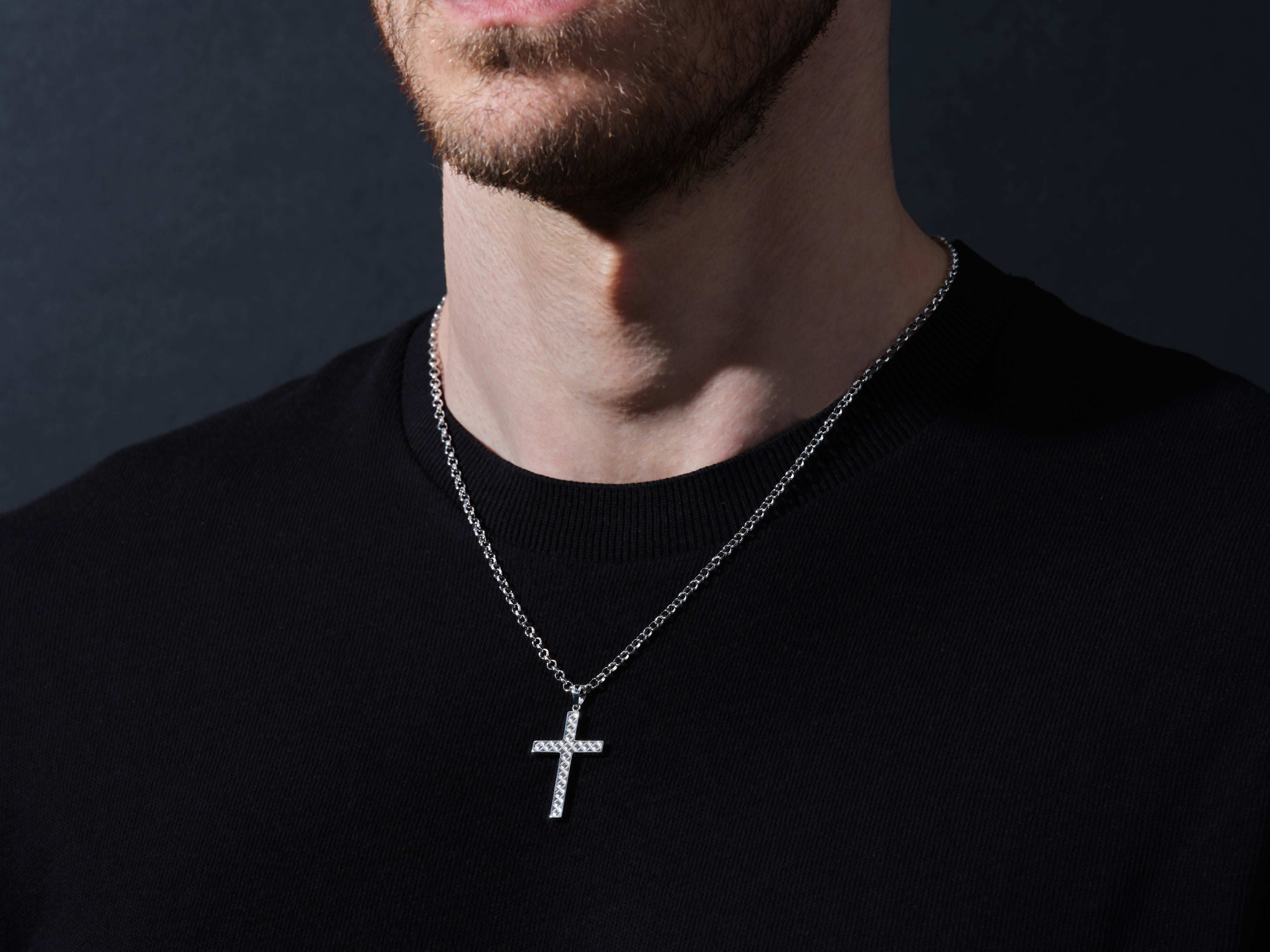 Men's silver cross pendant necklace with diamonds