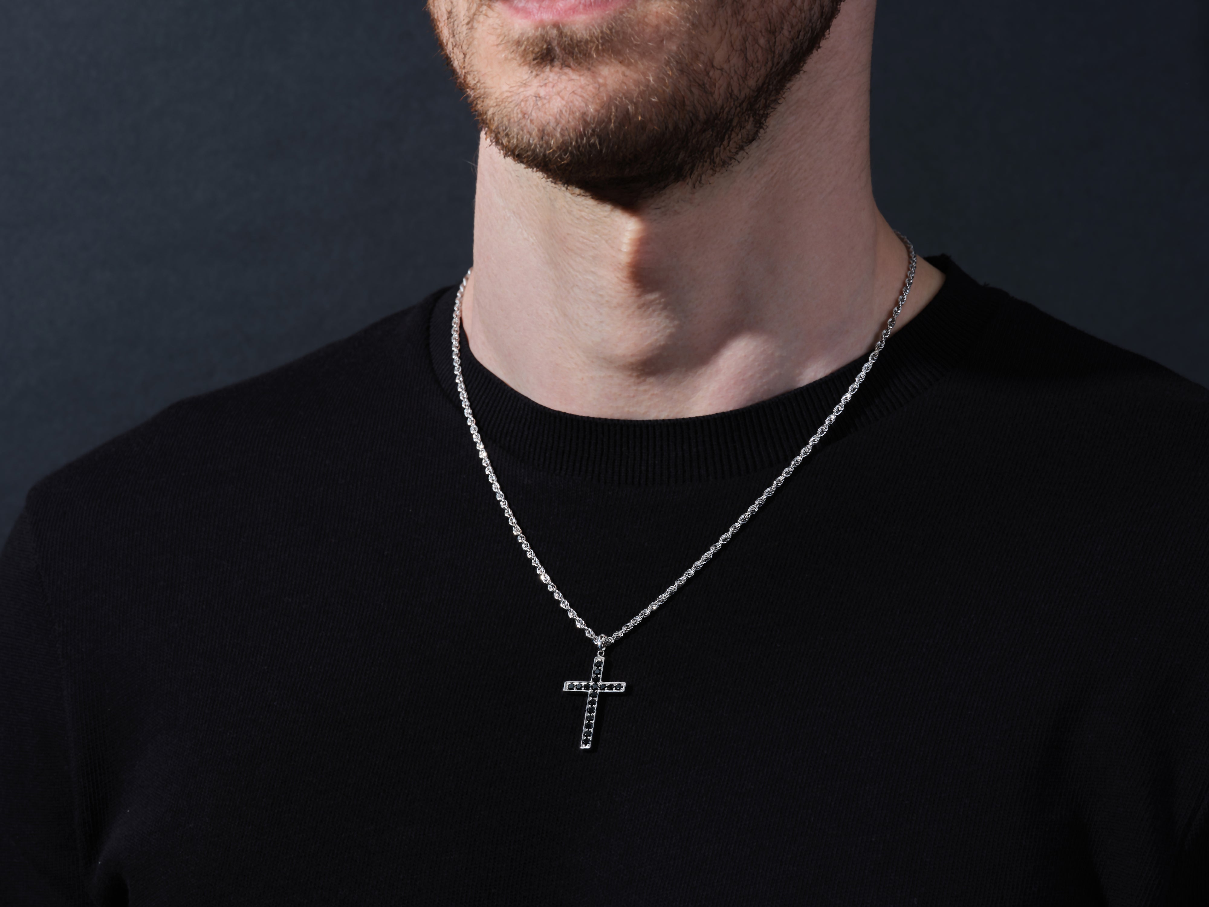Men's silver cross necklace with black stones