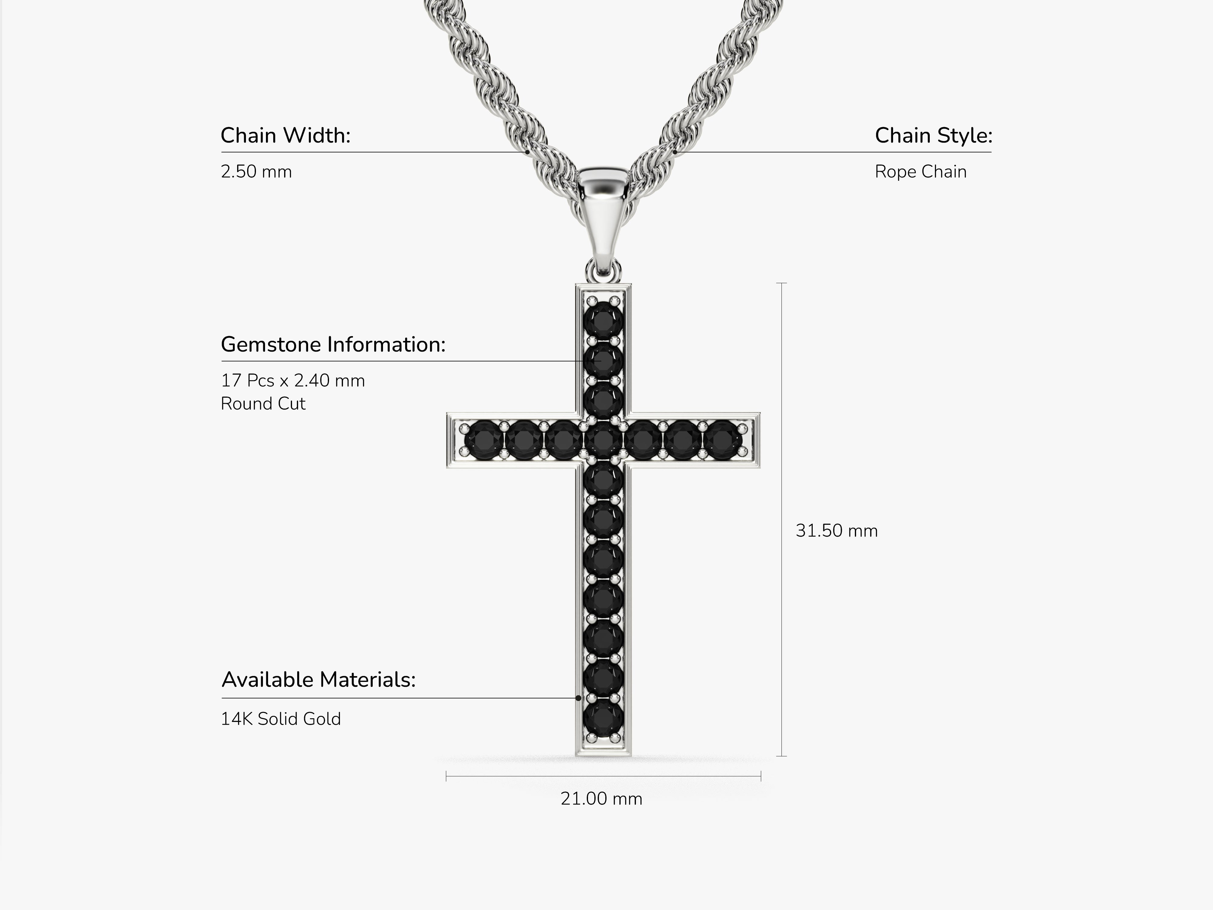 14K gold cross pendant necklace with black diamonds and rope chain