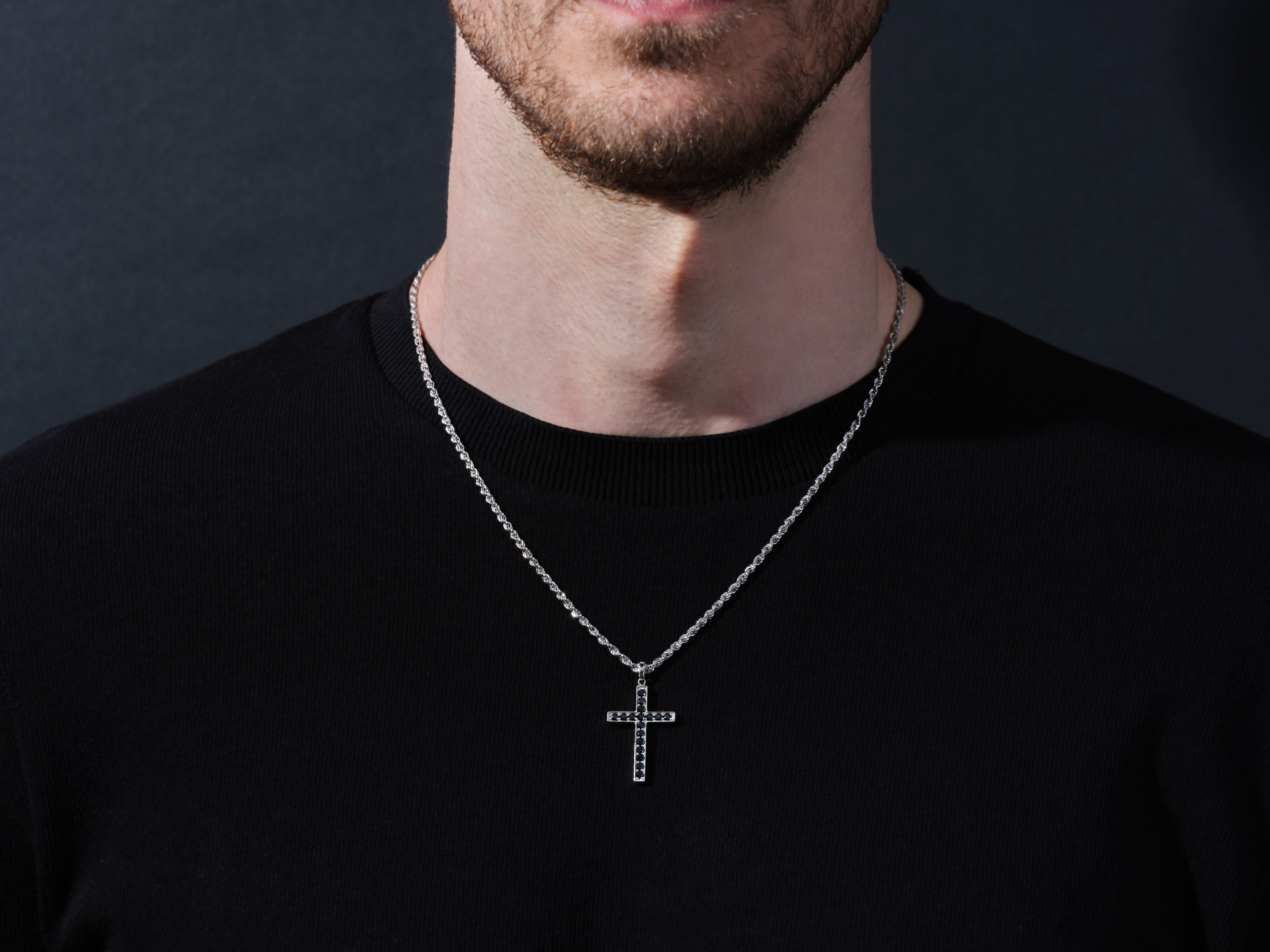 Men's silver cross necklace with black stones