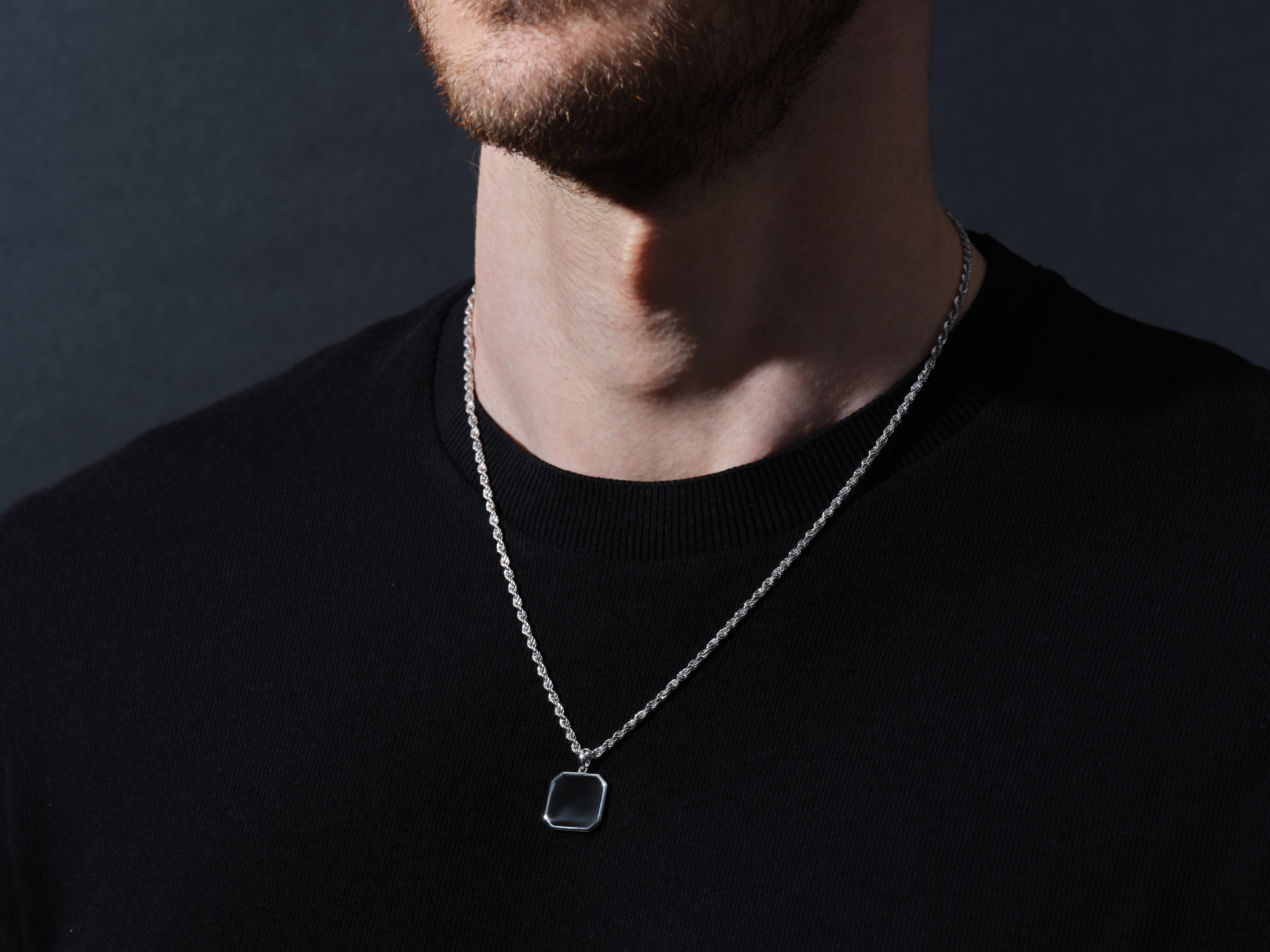 Men's silver rope chain necklace with square pendant jewelry