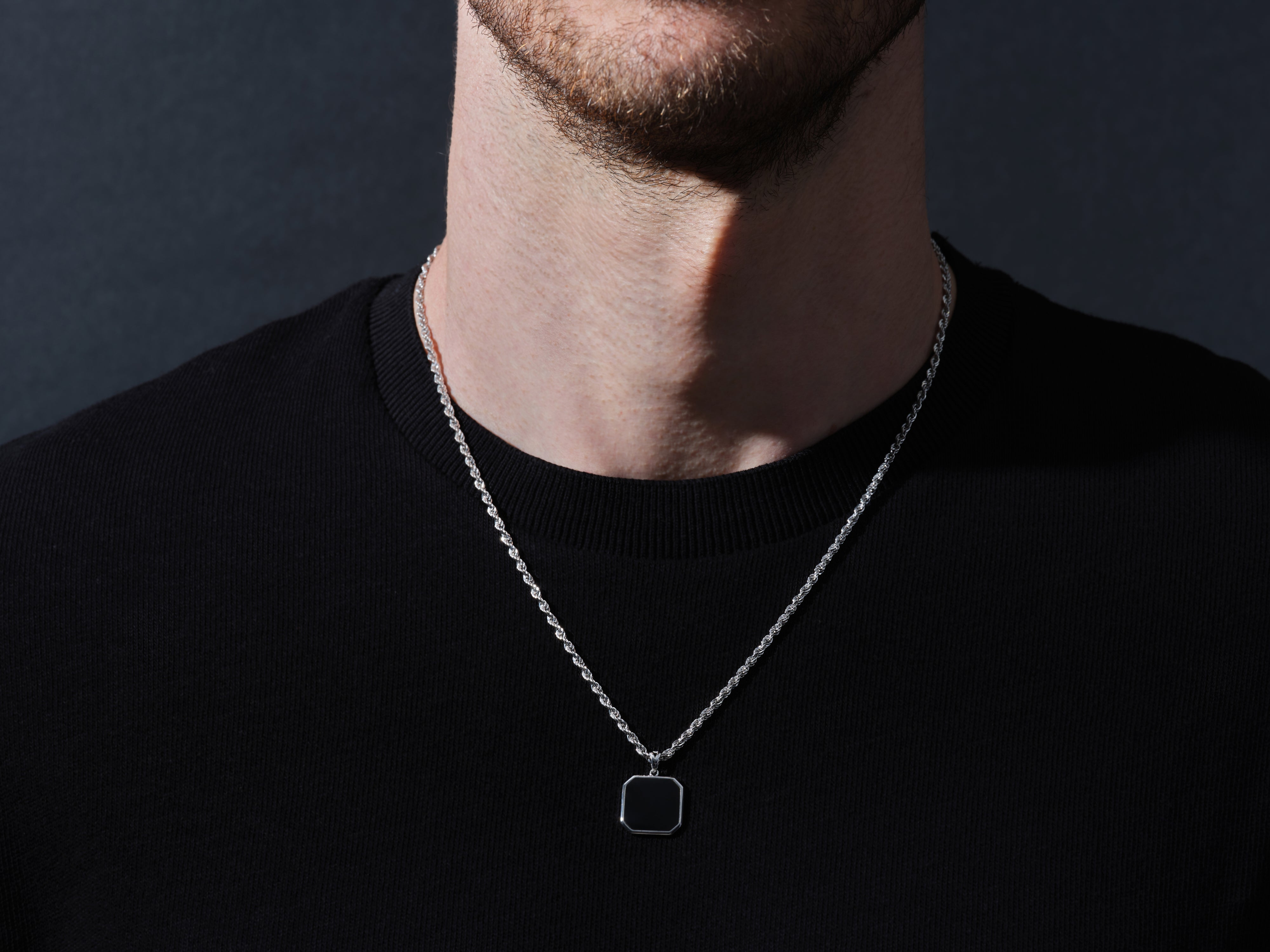 Men's silver rope chain necklace with black square pendant