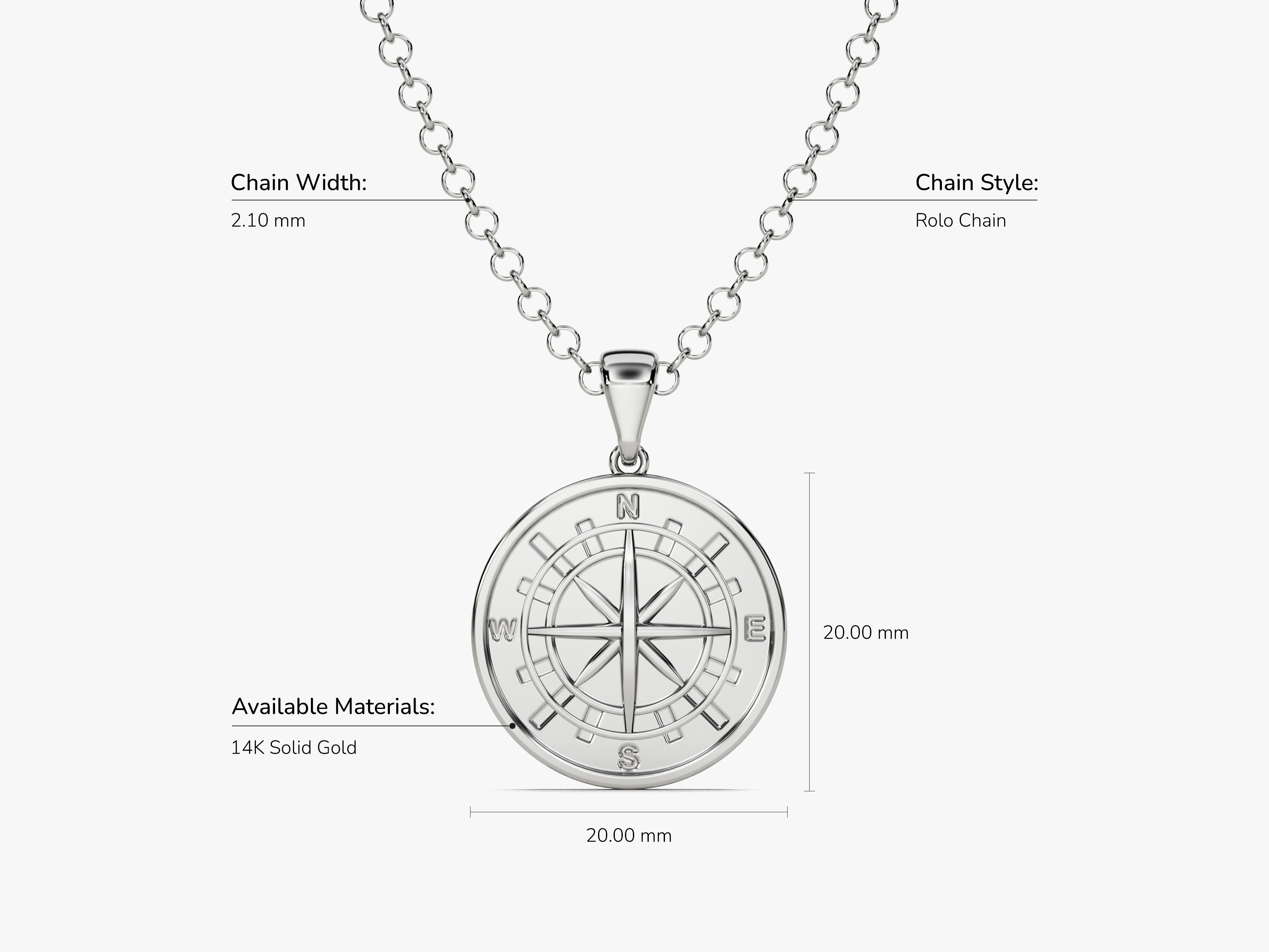14K gold compass pendant necklace, rolo chain, 20mm diameter