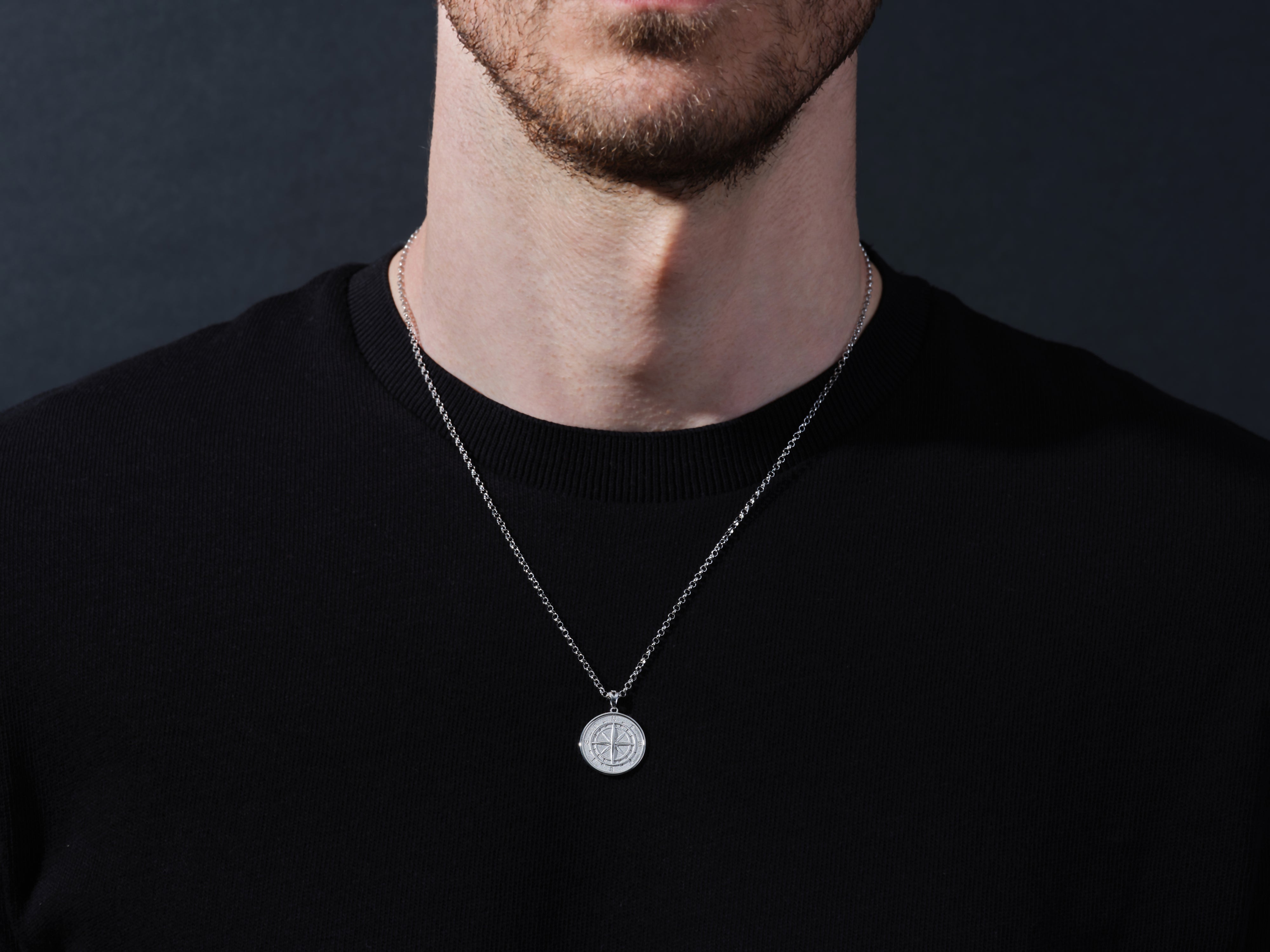 Men's silver compass pendant necklace jewelry