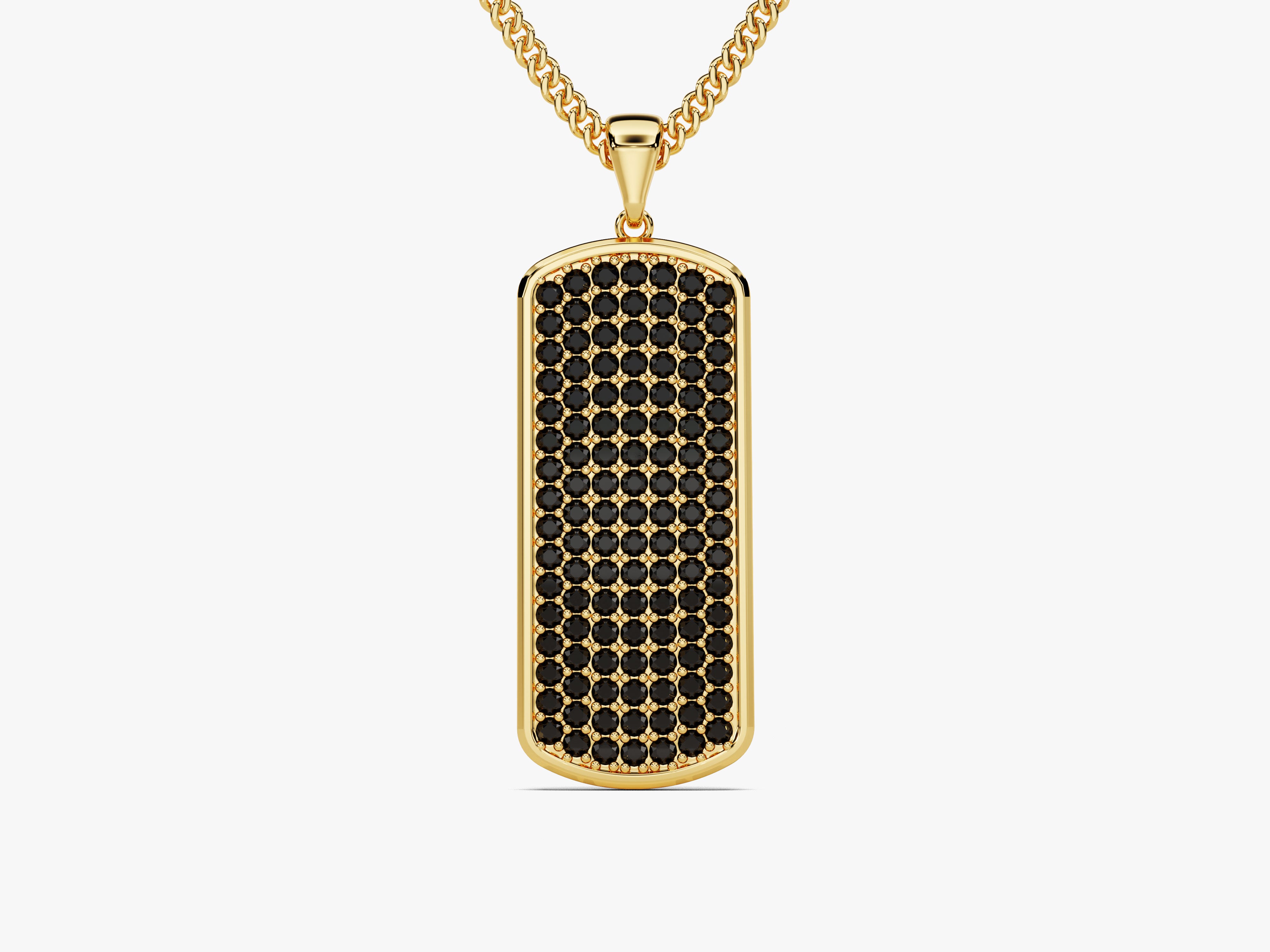 Gold dog tag pendant with black diamonds and curb chain