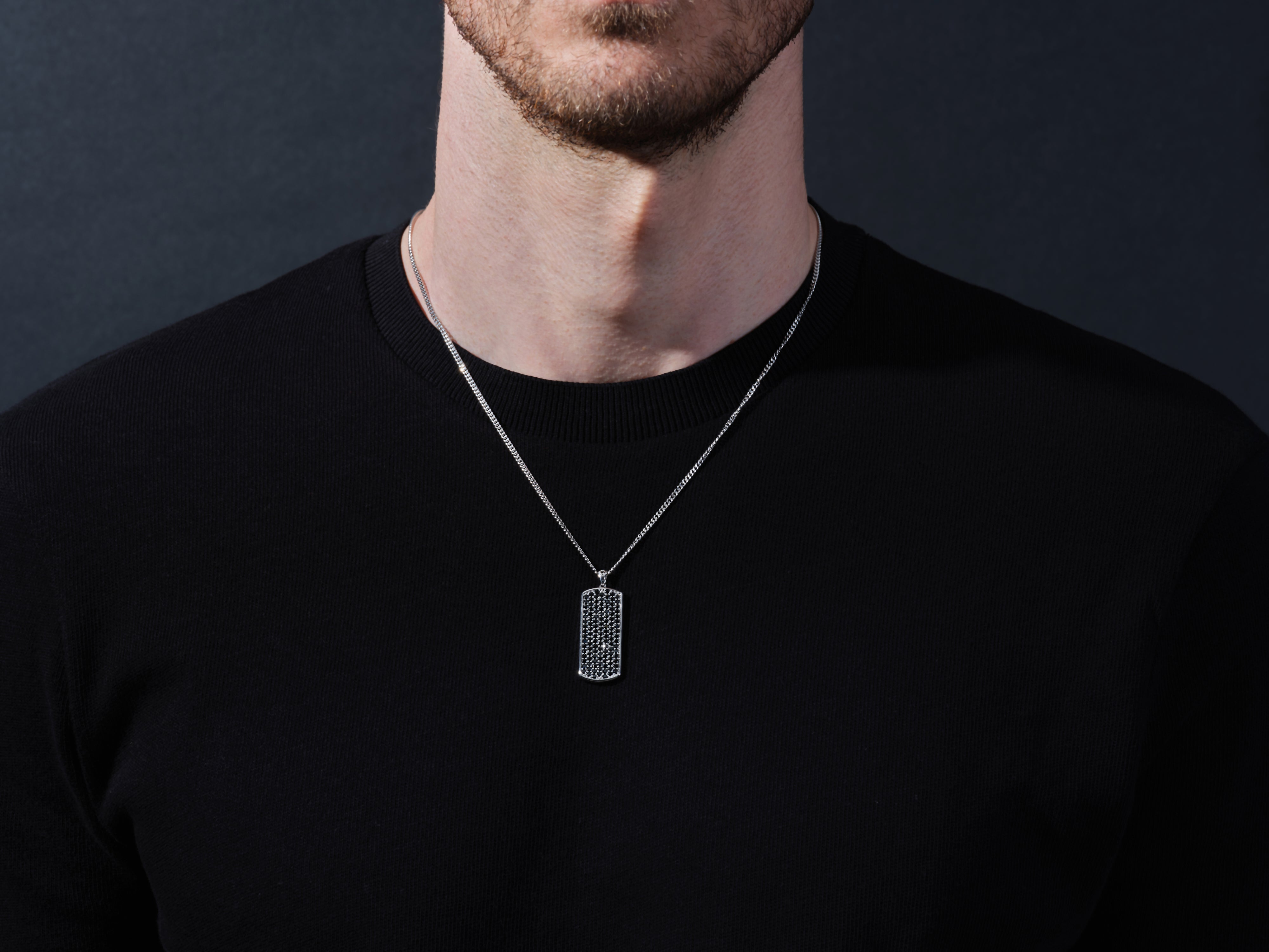 Men's silver dog tag necklace with black stones