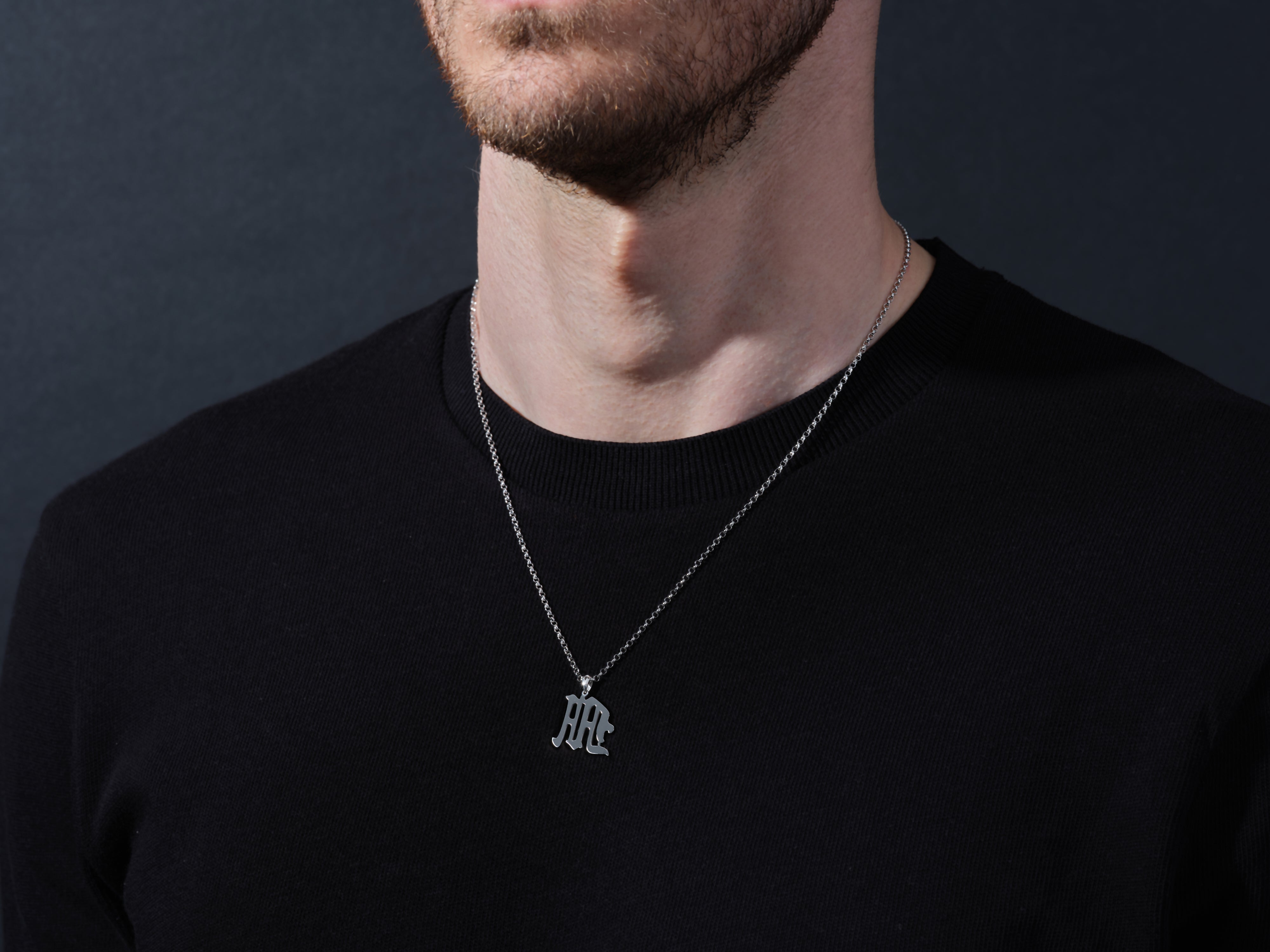 Men's silver initial necklace, gothic font pendant jewelry