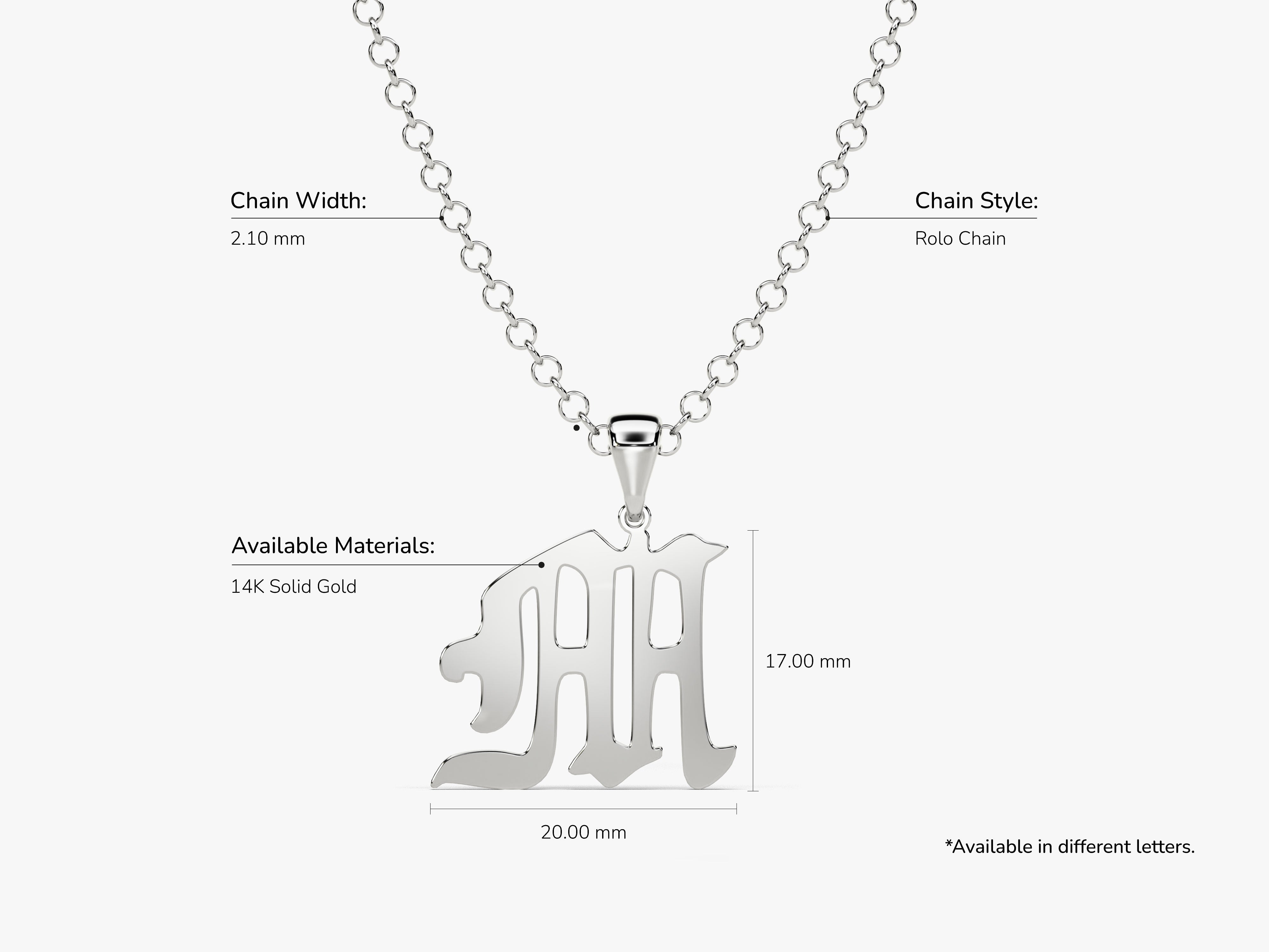 14K gold gothic letter necklace with rolo chain