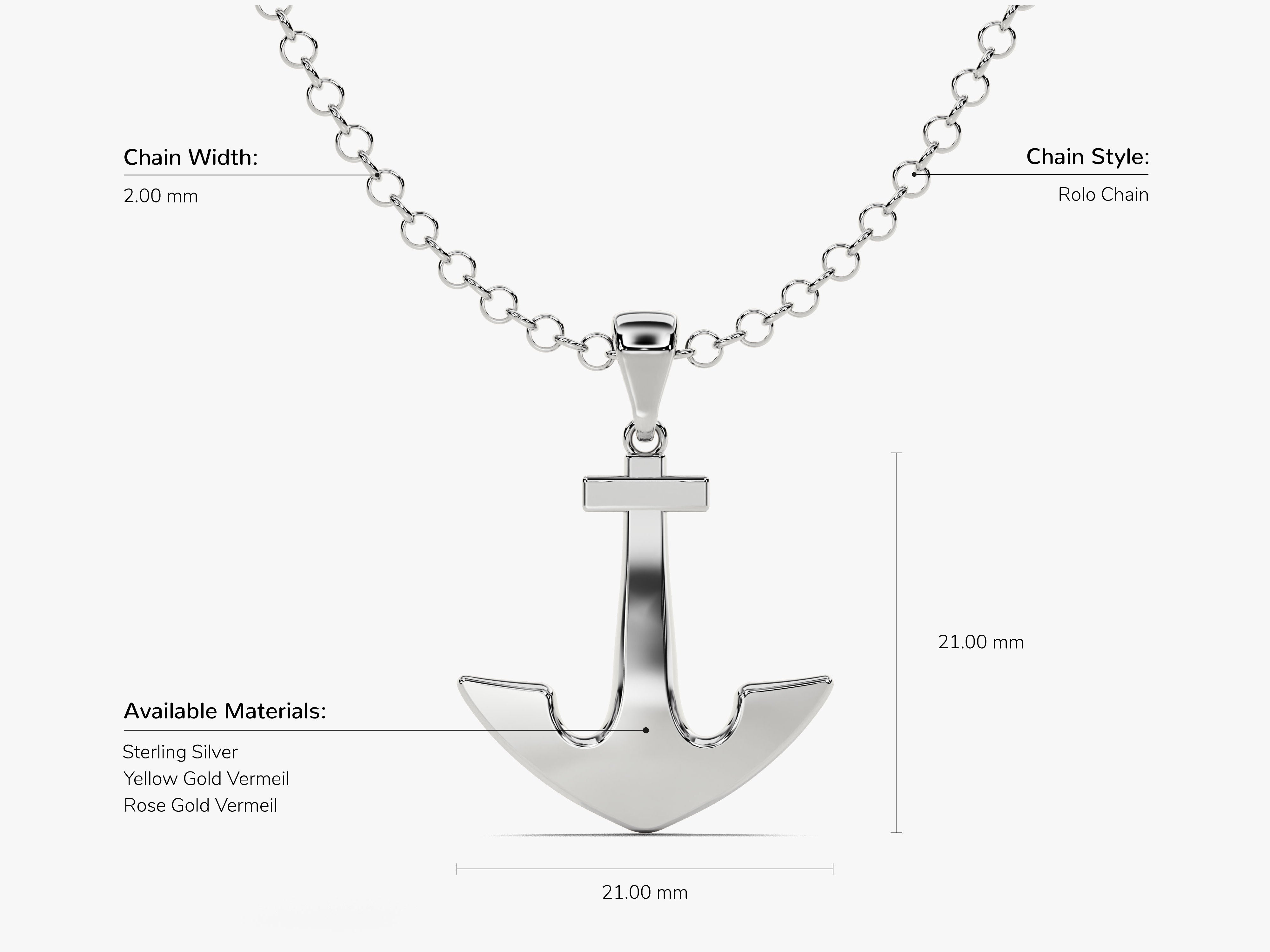 Silver anchor pendant necklace, rolo chain, sterling silver, gold, rose gold
