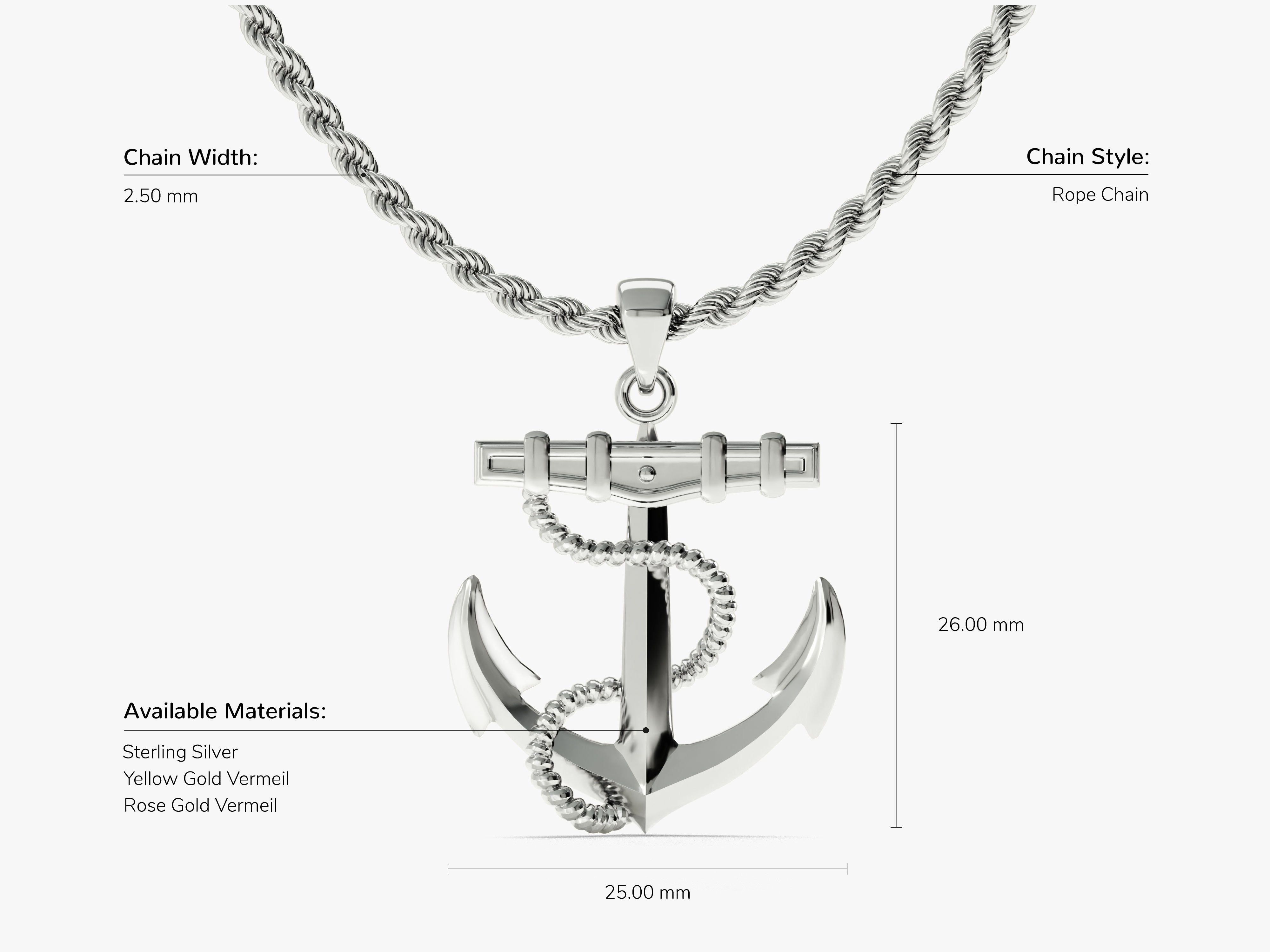 Silver anchor pendant necklace, rope chain, available in vermeil