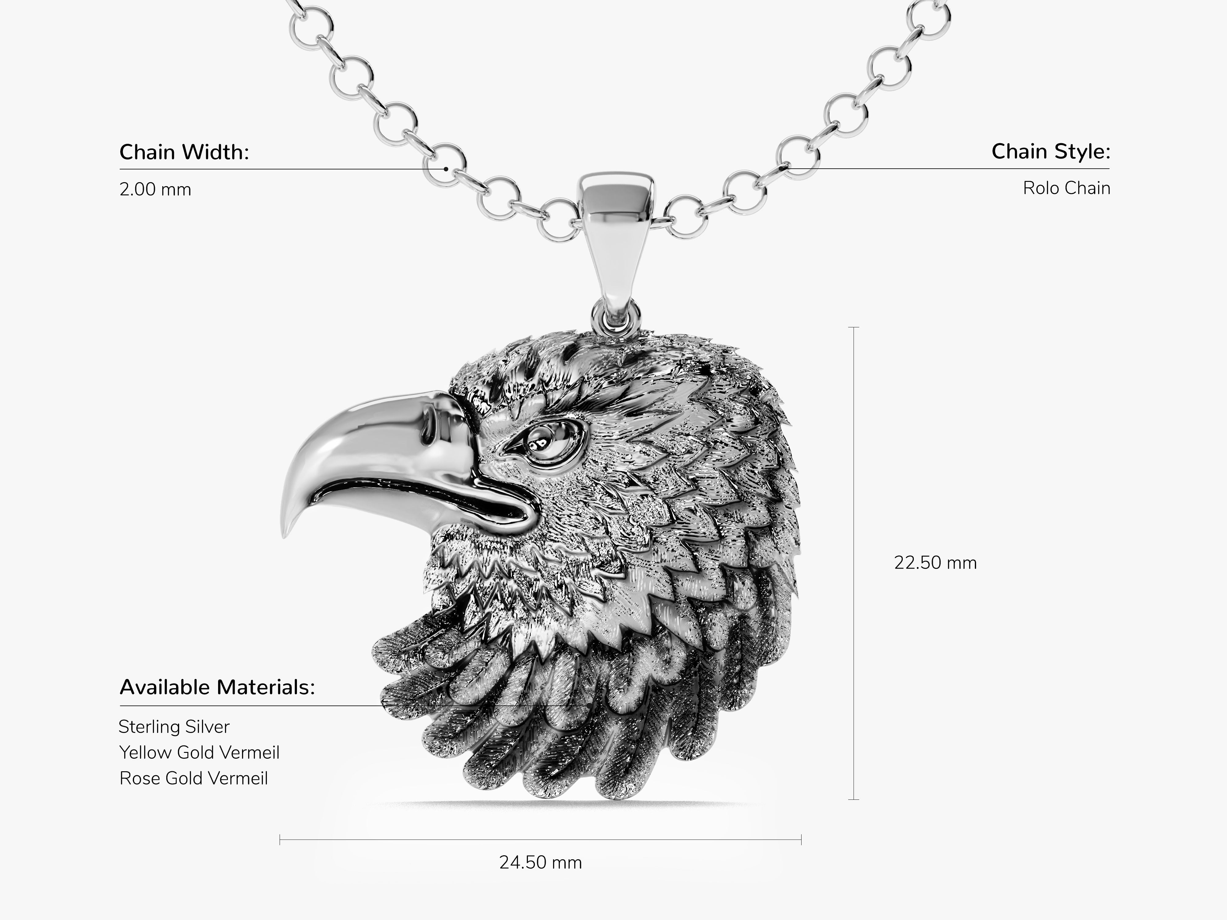 Eagle head pendant necklace jewelry, sterling silver, gold vermeil