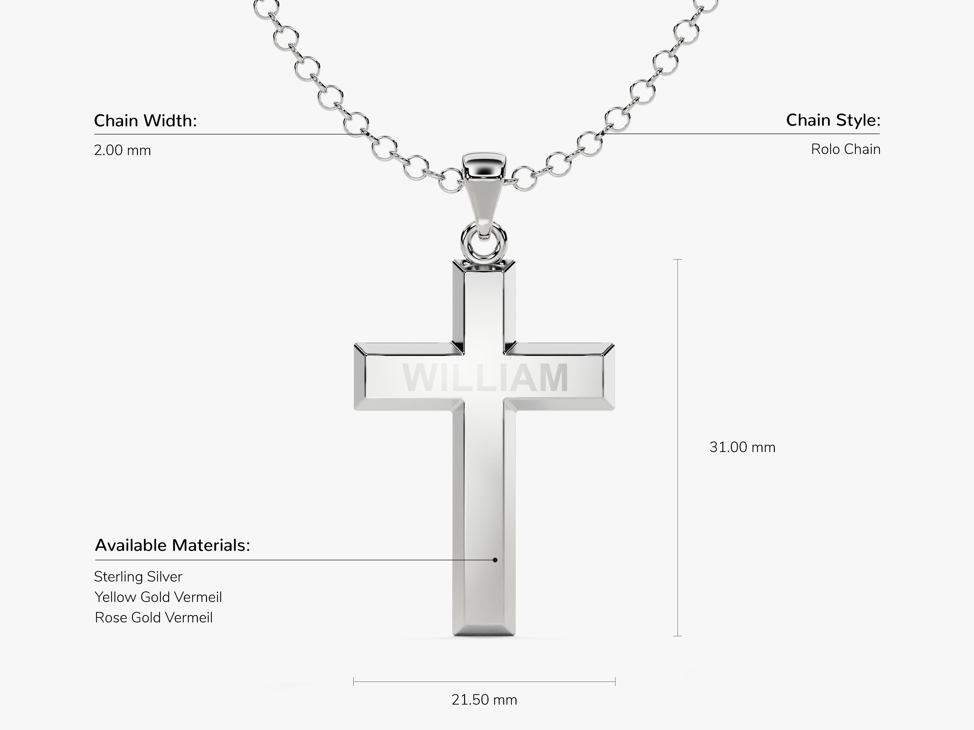 Personalized cross necklace with "William" engraving, available in sterling silver