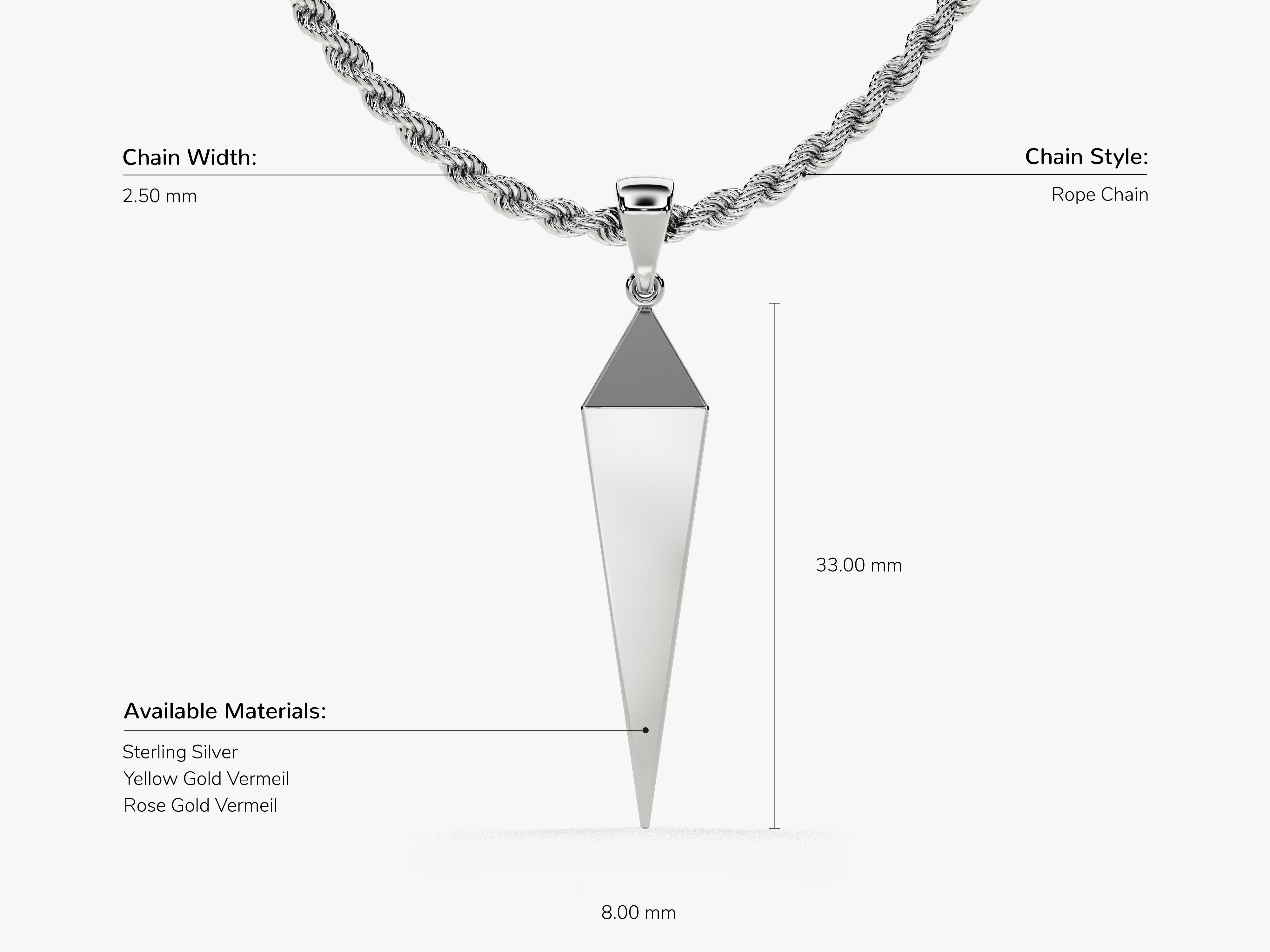 Geometric pendant necklace on rope chain, available in sterling silver