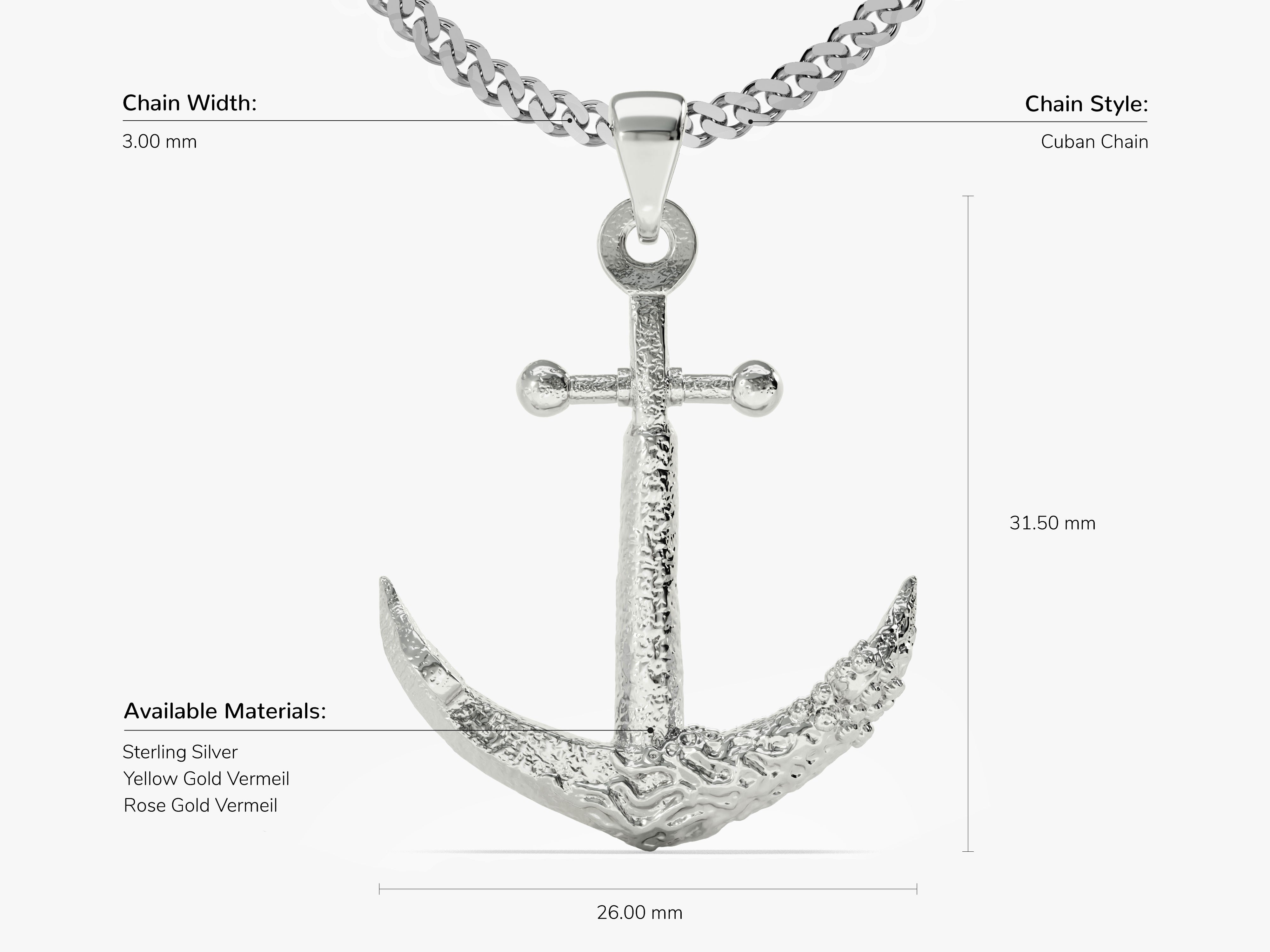 Silver anchor pendant necklace, Cuban chain style, jewelry