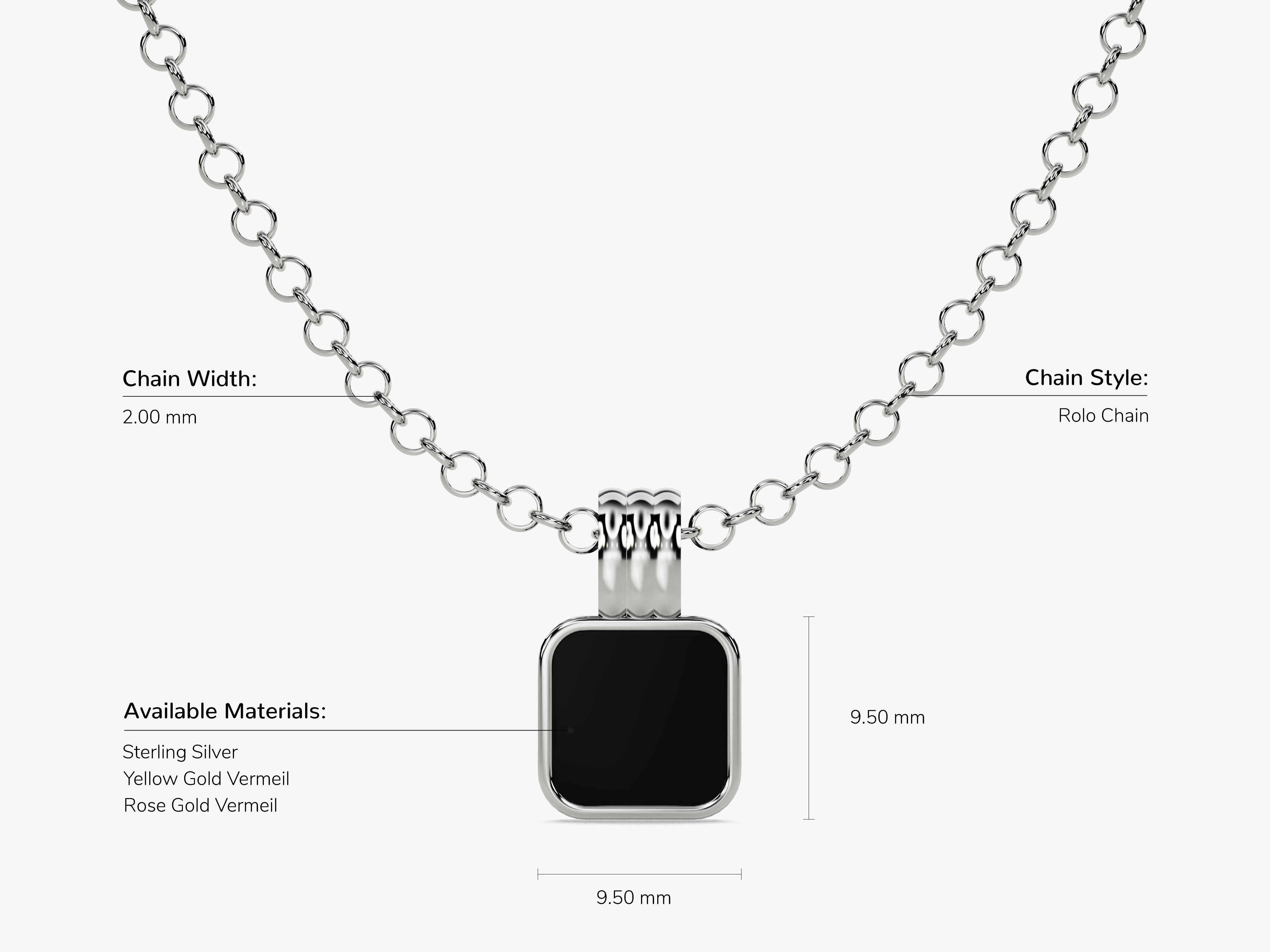 Sterling silver rolo chain necklace with square black pendant jewelry