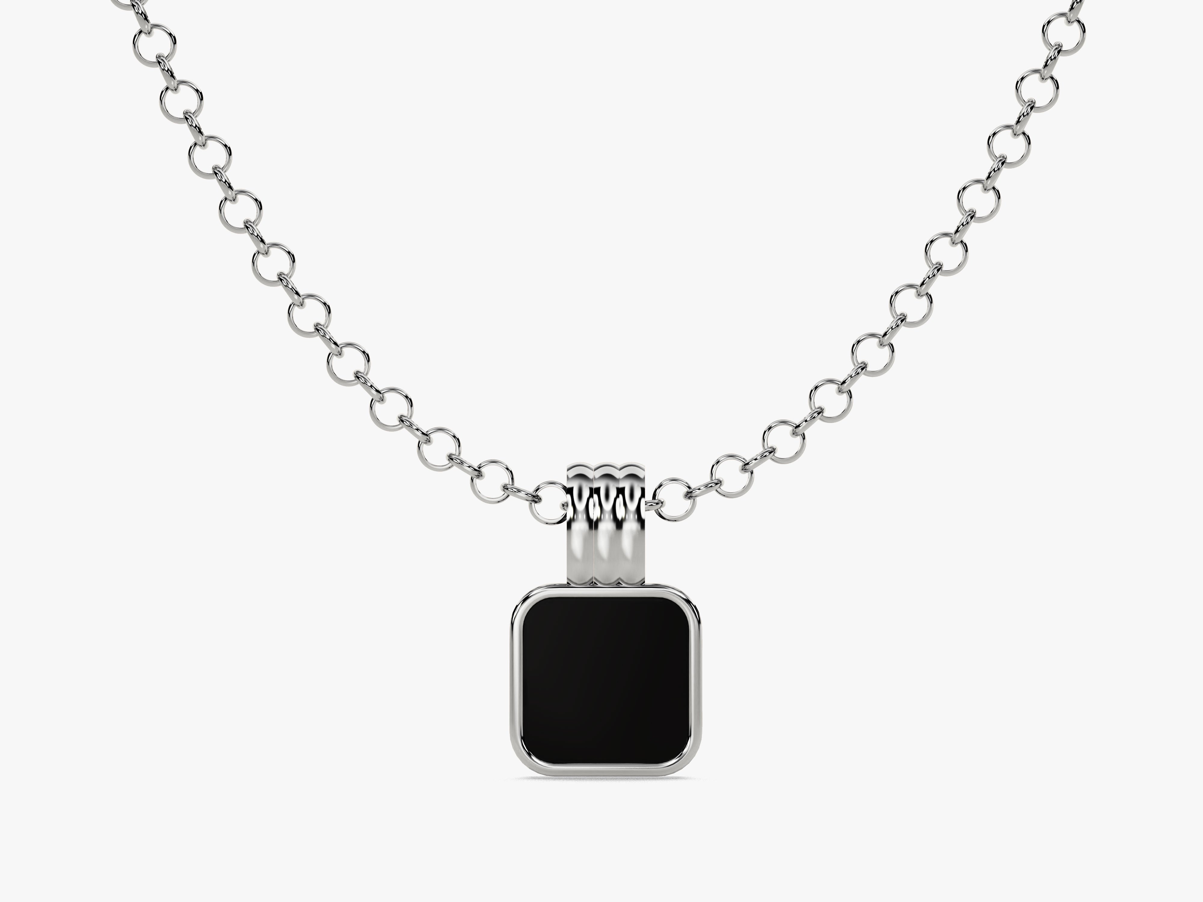 Silver necklace with black square pendant, fine jewelry