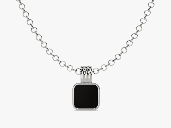 Black Enamel Square Pendant Necklace - Gold Vermeil