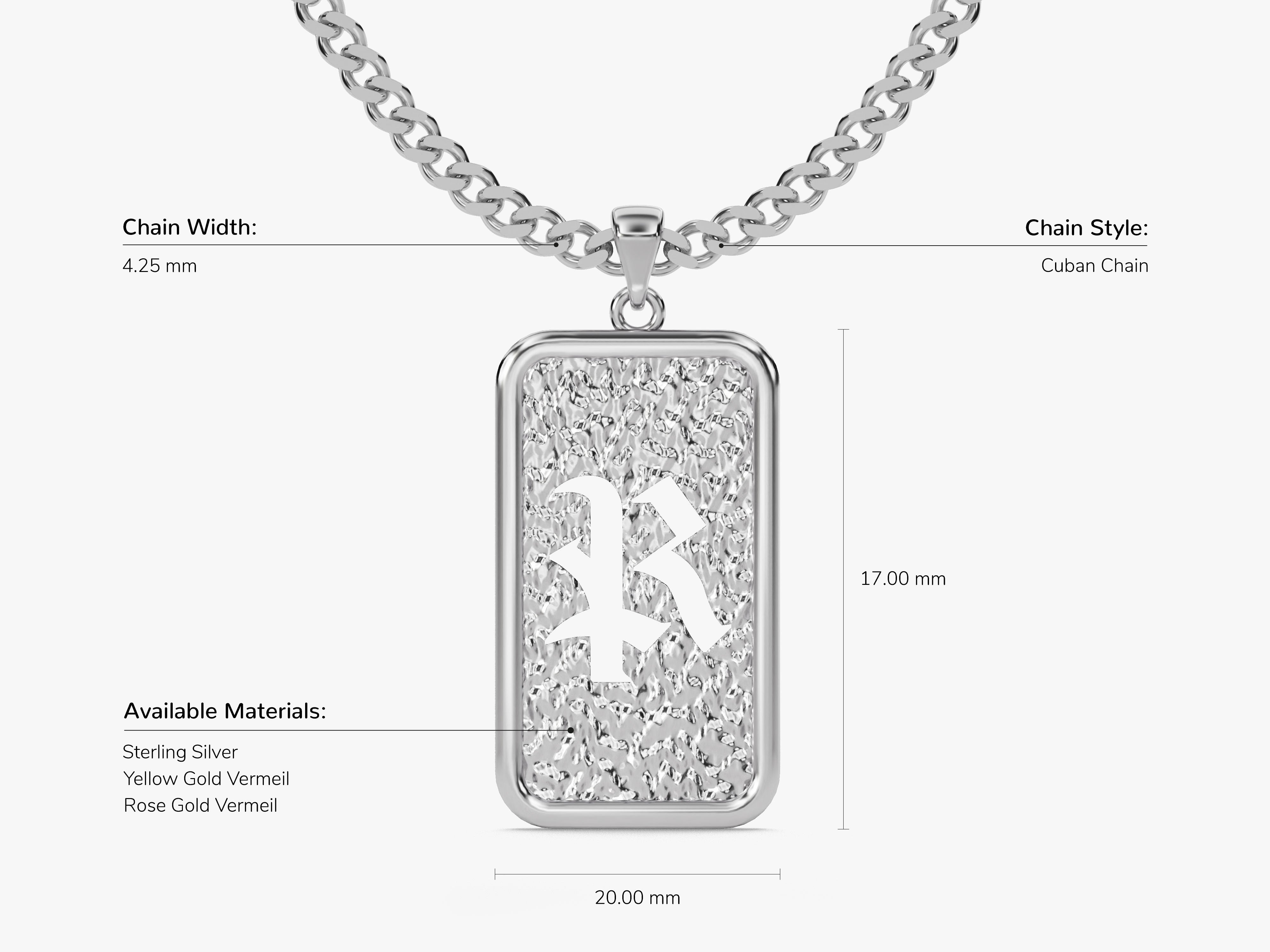 Cuban chain necklace with textured pendant and initial R charm