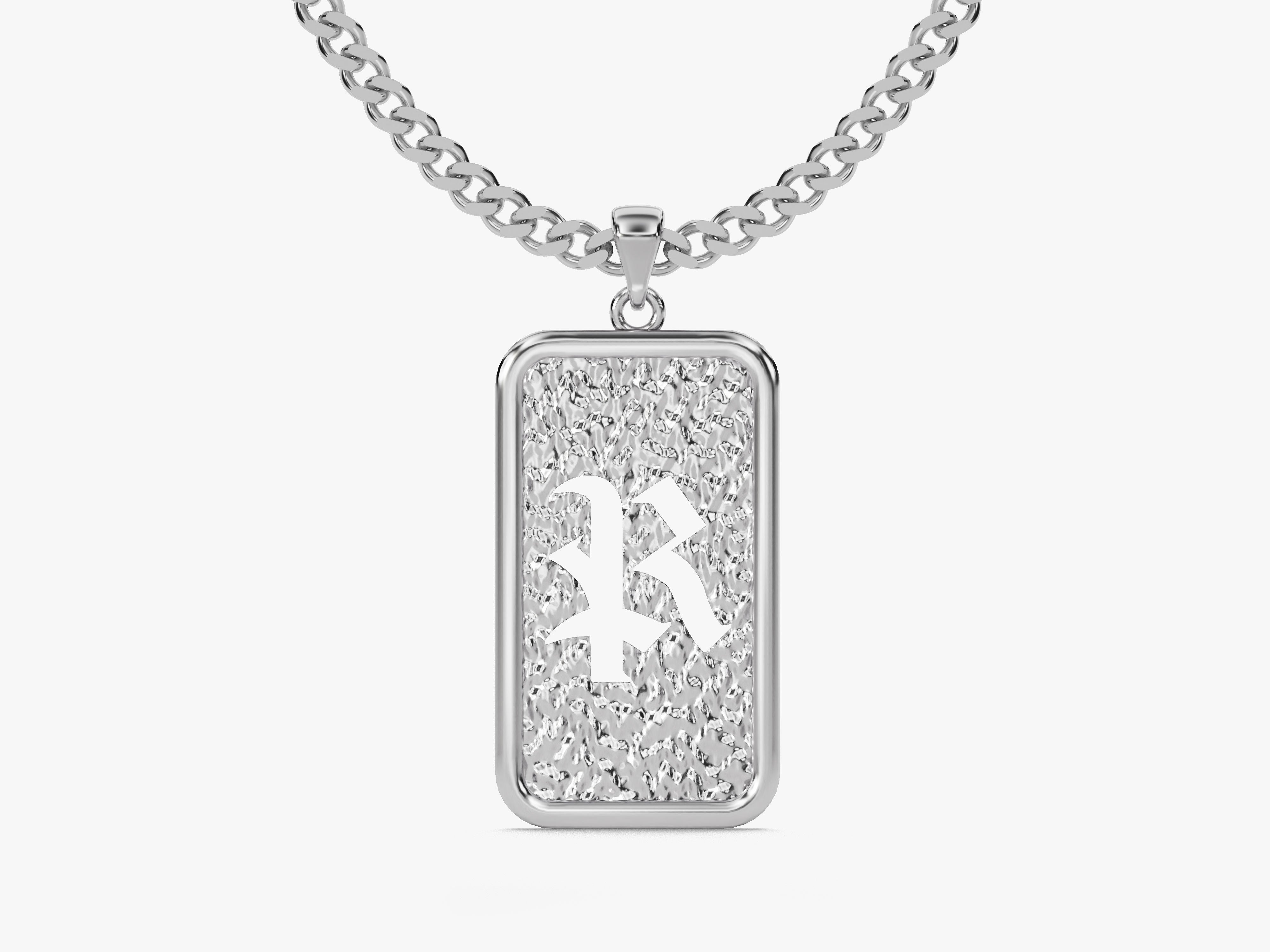Silver pendant necklace with textured face and gothic initial R