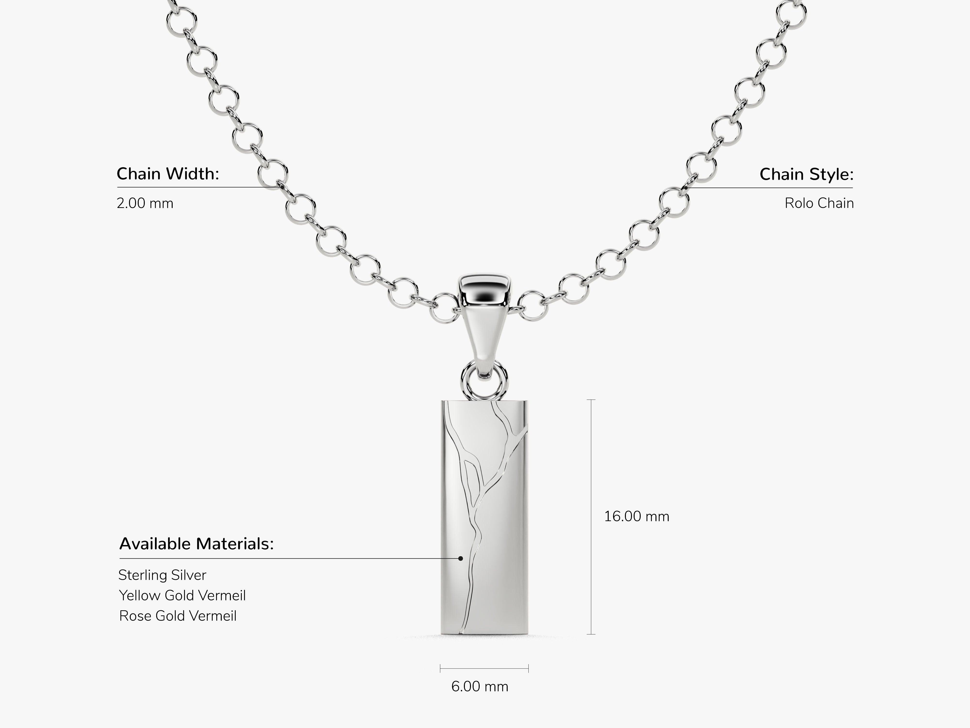 Sterling silver rolo chain necklace with rectangular pendant, available in vermeil