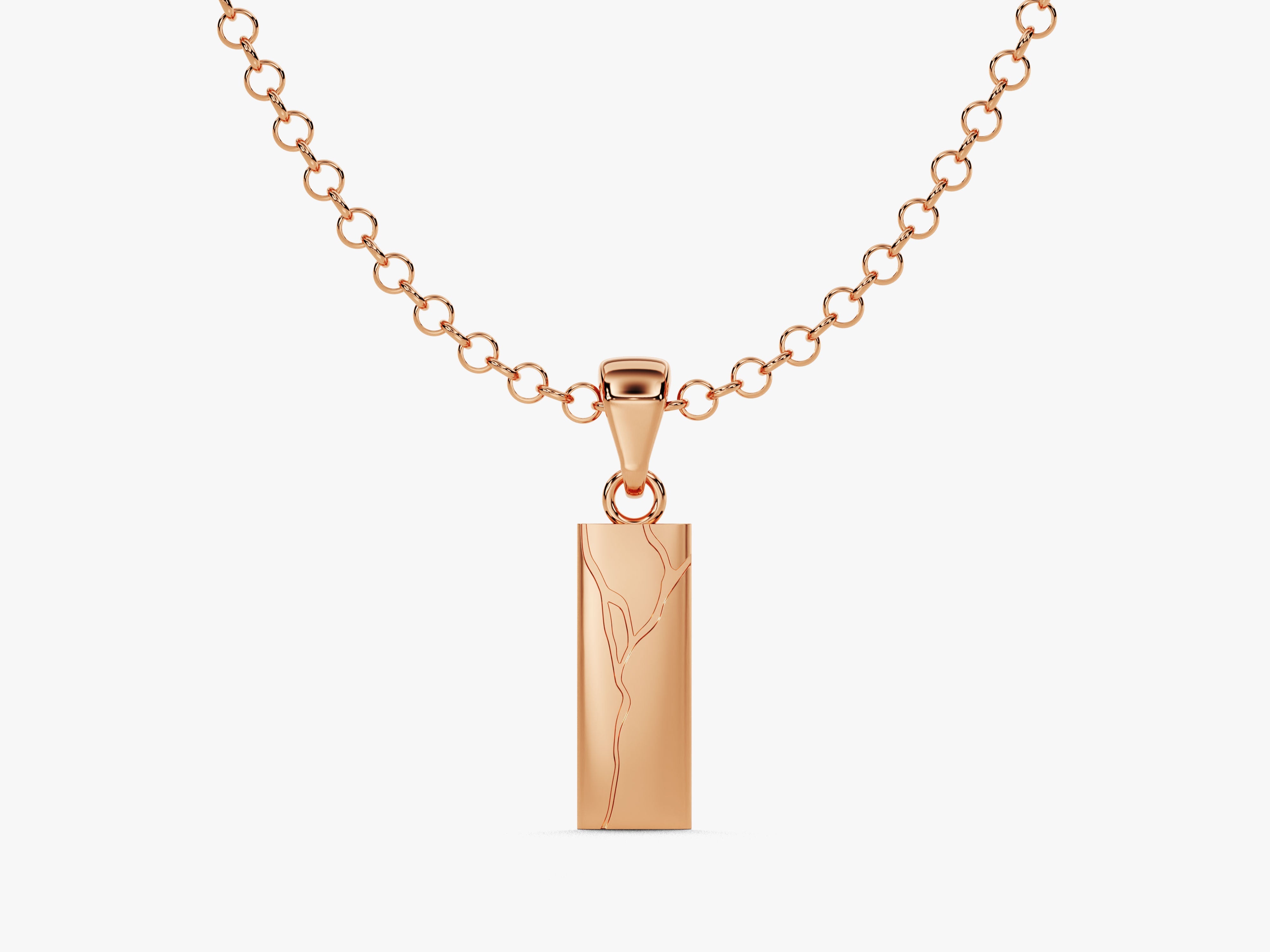 Rose gold bar pendant necklace with engraved abstract design