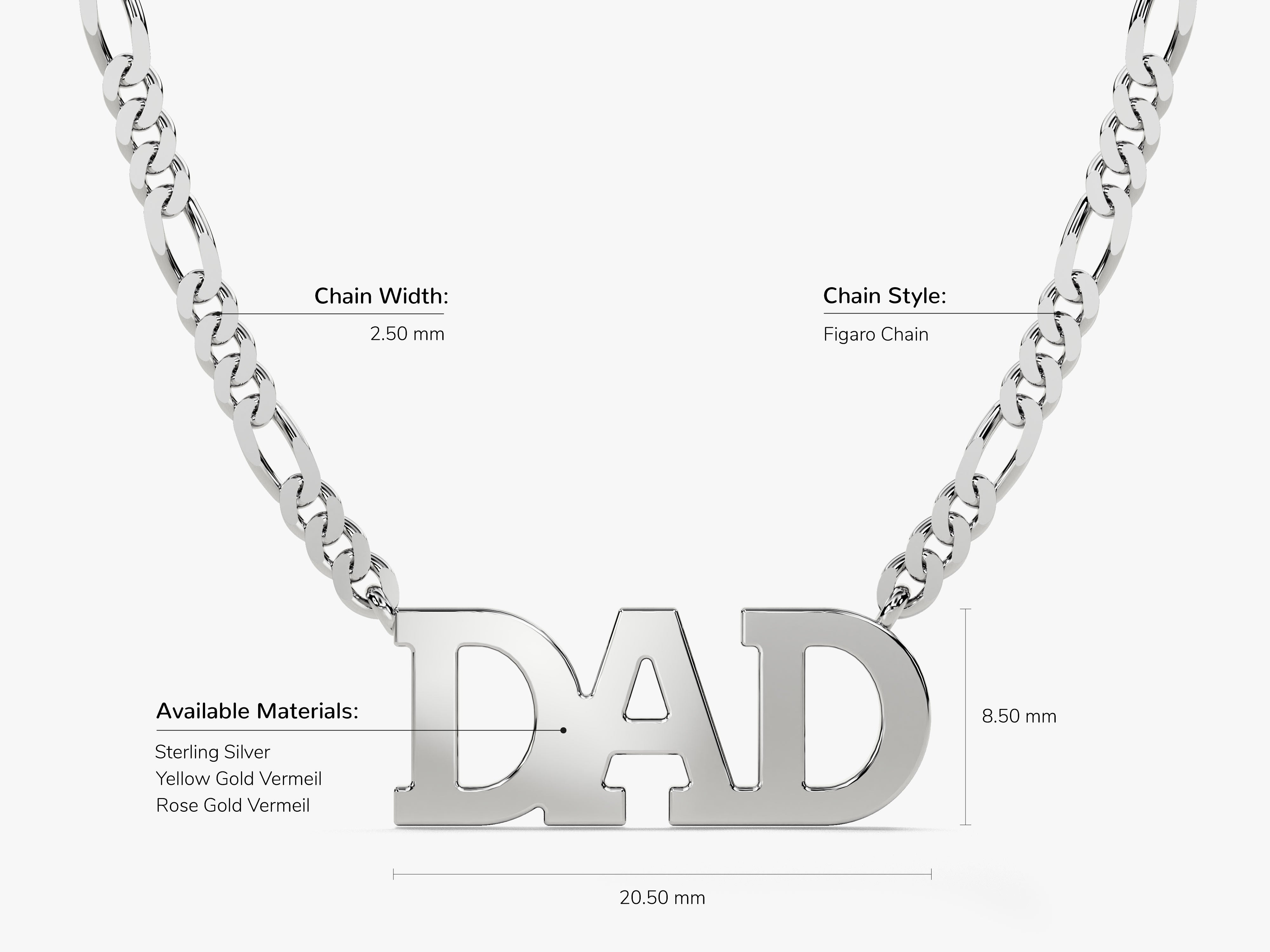Silver Figaro chain necklace with "DAD" pendant, available in vermeil