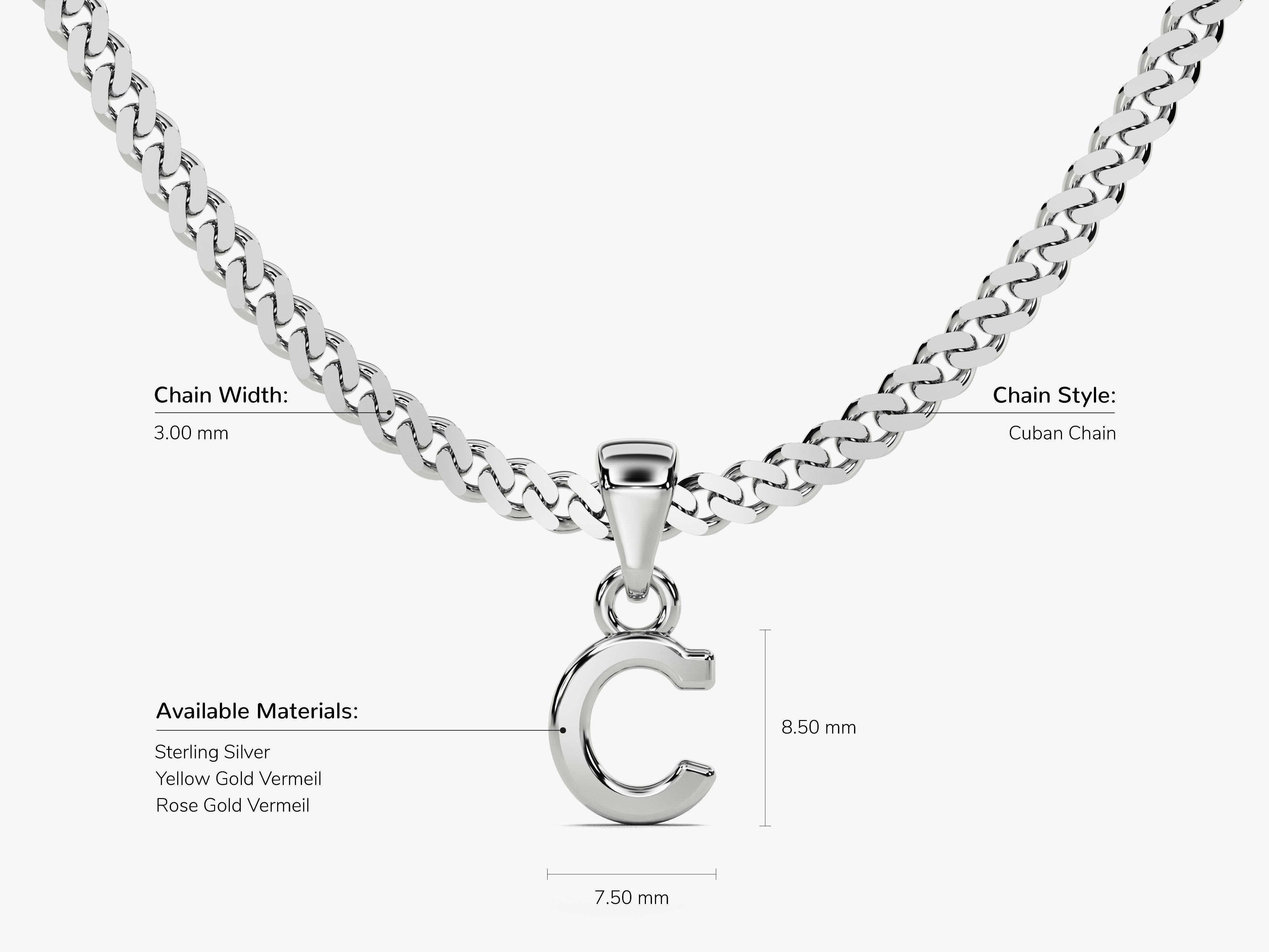 Sterling silver Cuban chain necklace with letter C pendant