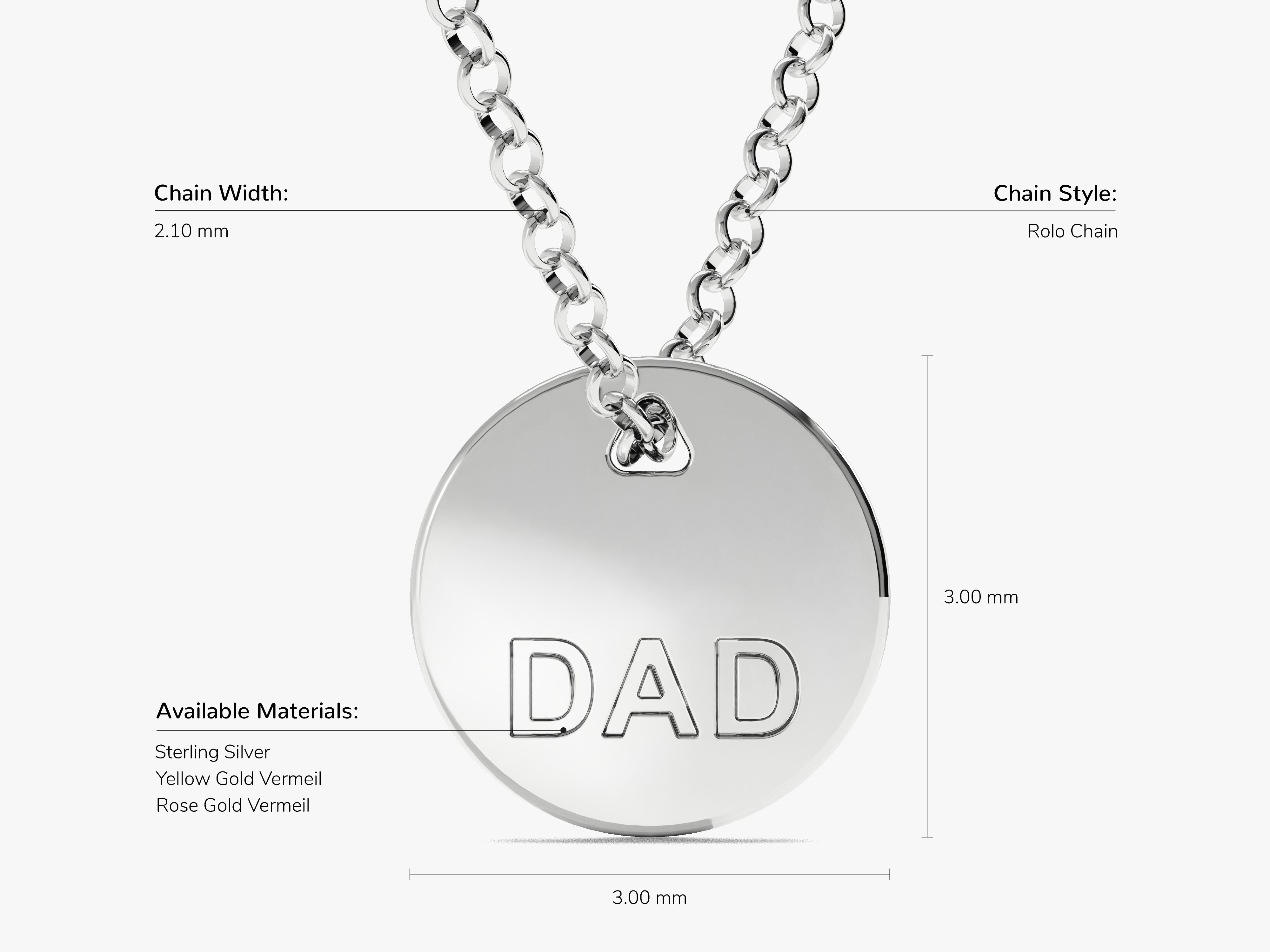 Silver 'DAD' pendant necklace, rolo chain, jewelry gift