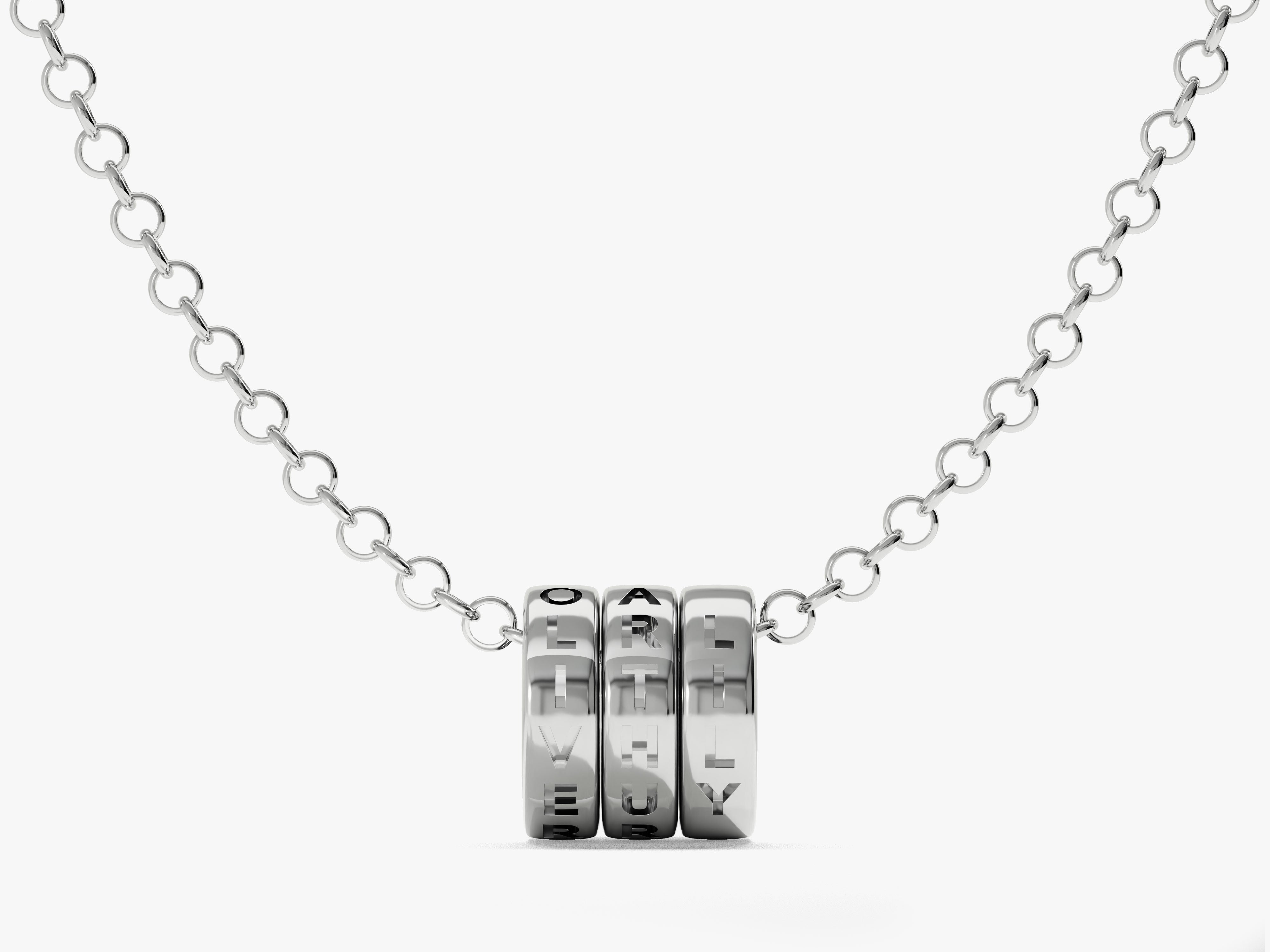 Silver necklace with personalized engraved charm beads