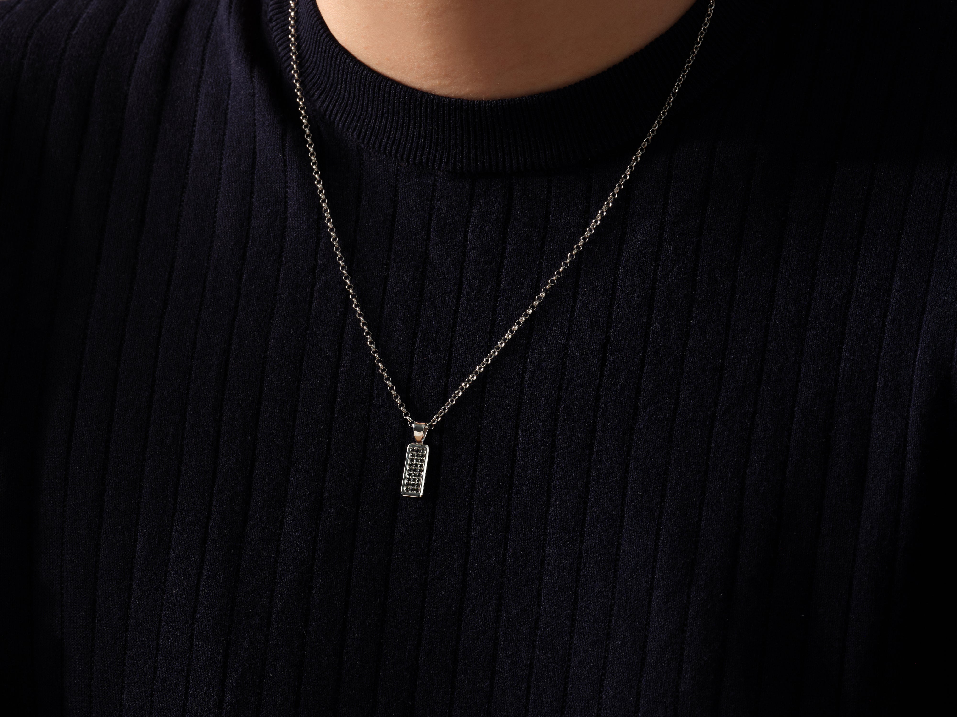 Men's silver necklace with black stone pendant jewelry