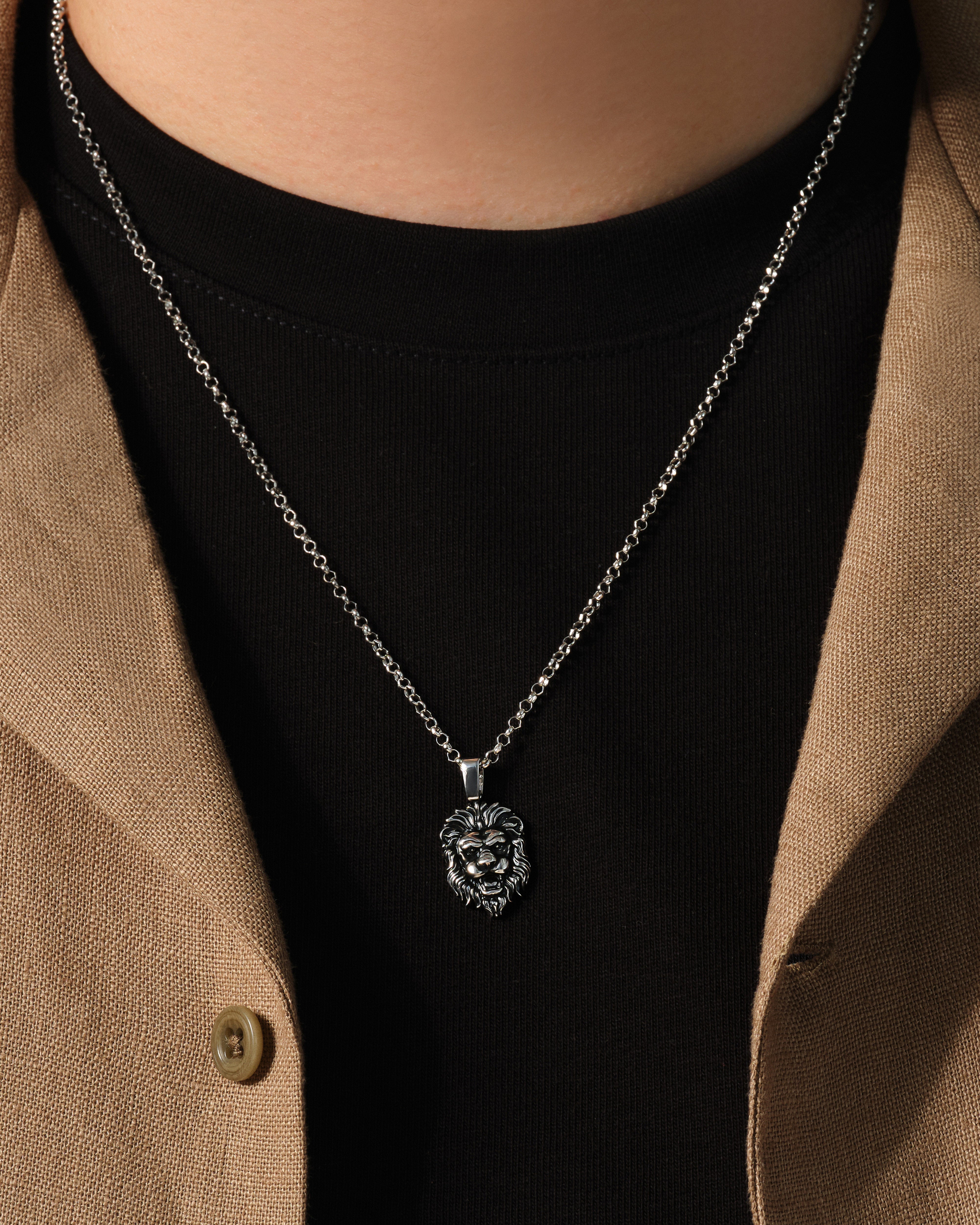 Oxidized Lion Head Pendant Necklace - Sterling Silver