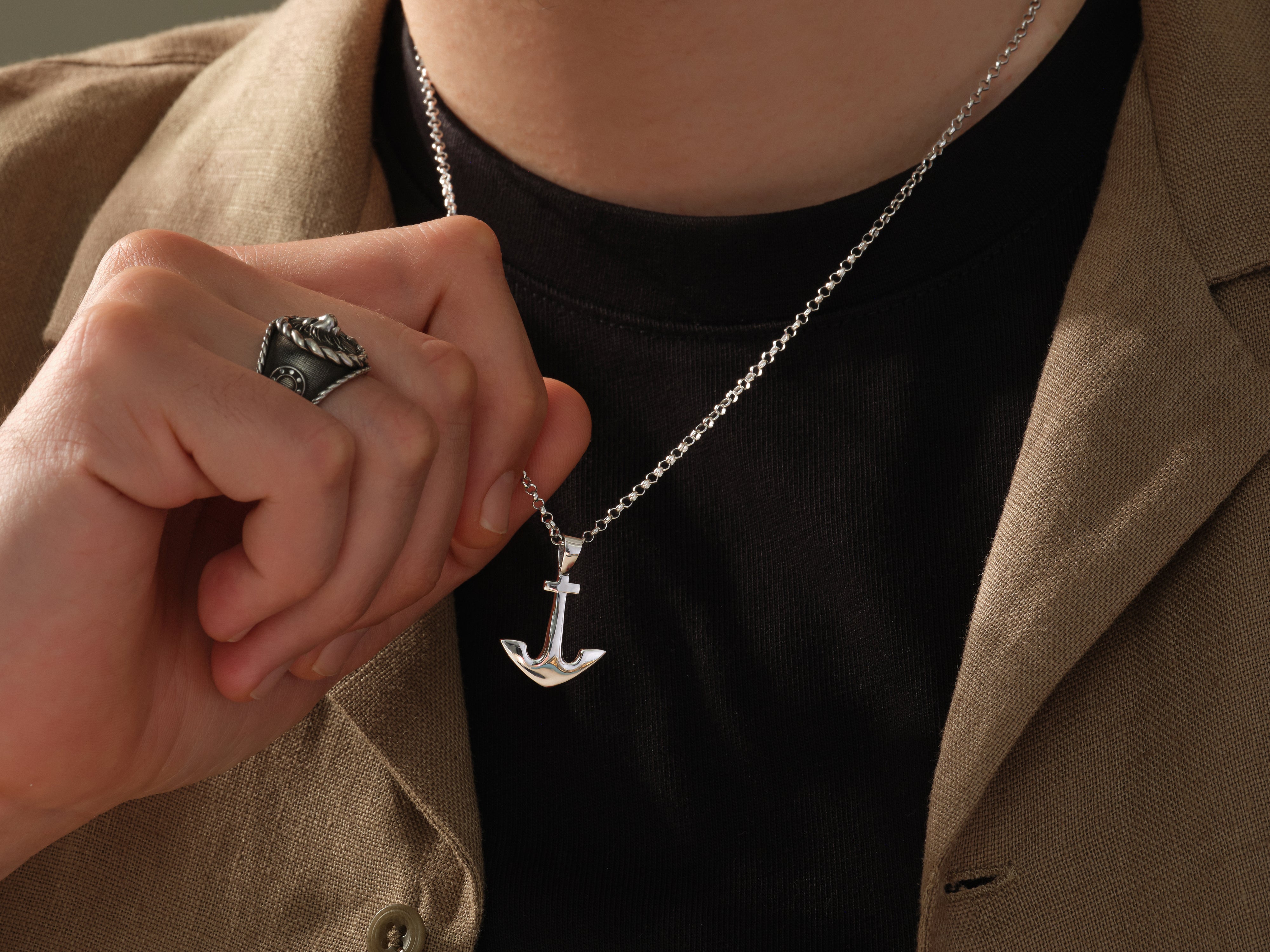 Silver anchor necklace and ring for men's jewelry