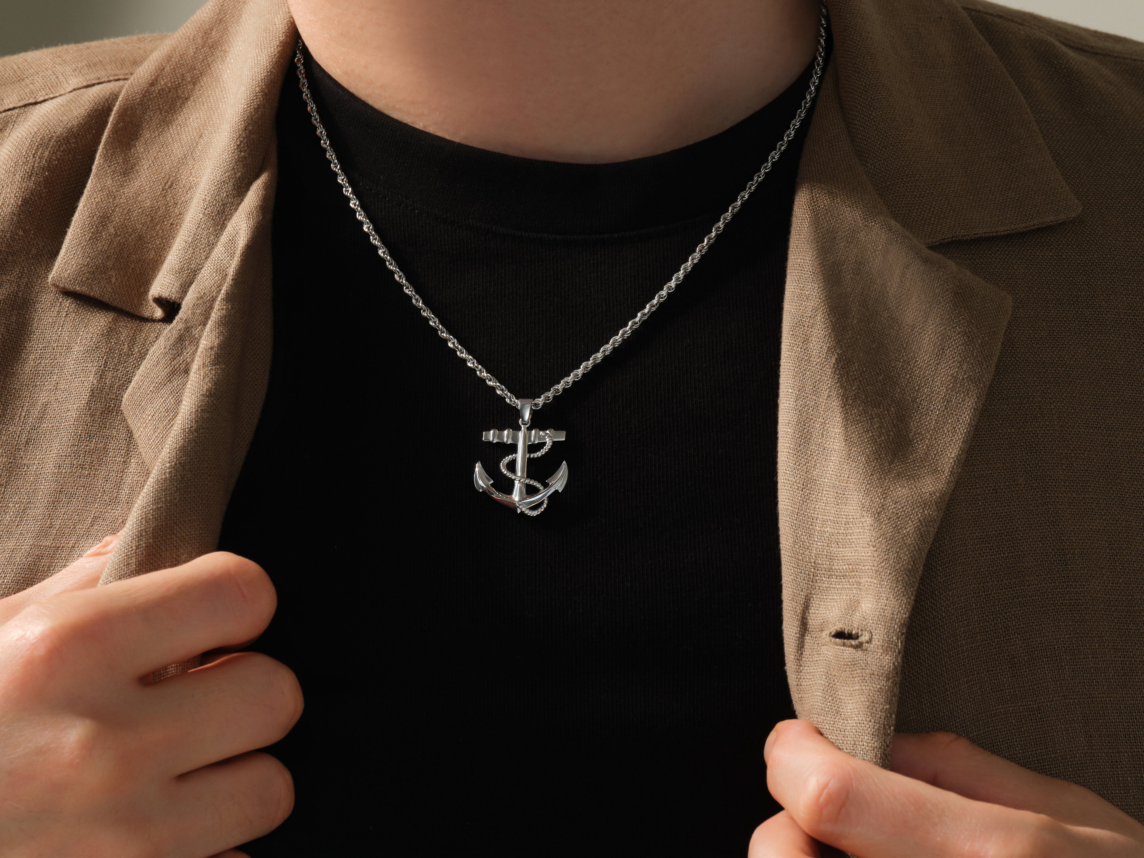 Men's silver anchor pendant necklace, nautical jewelry