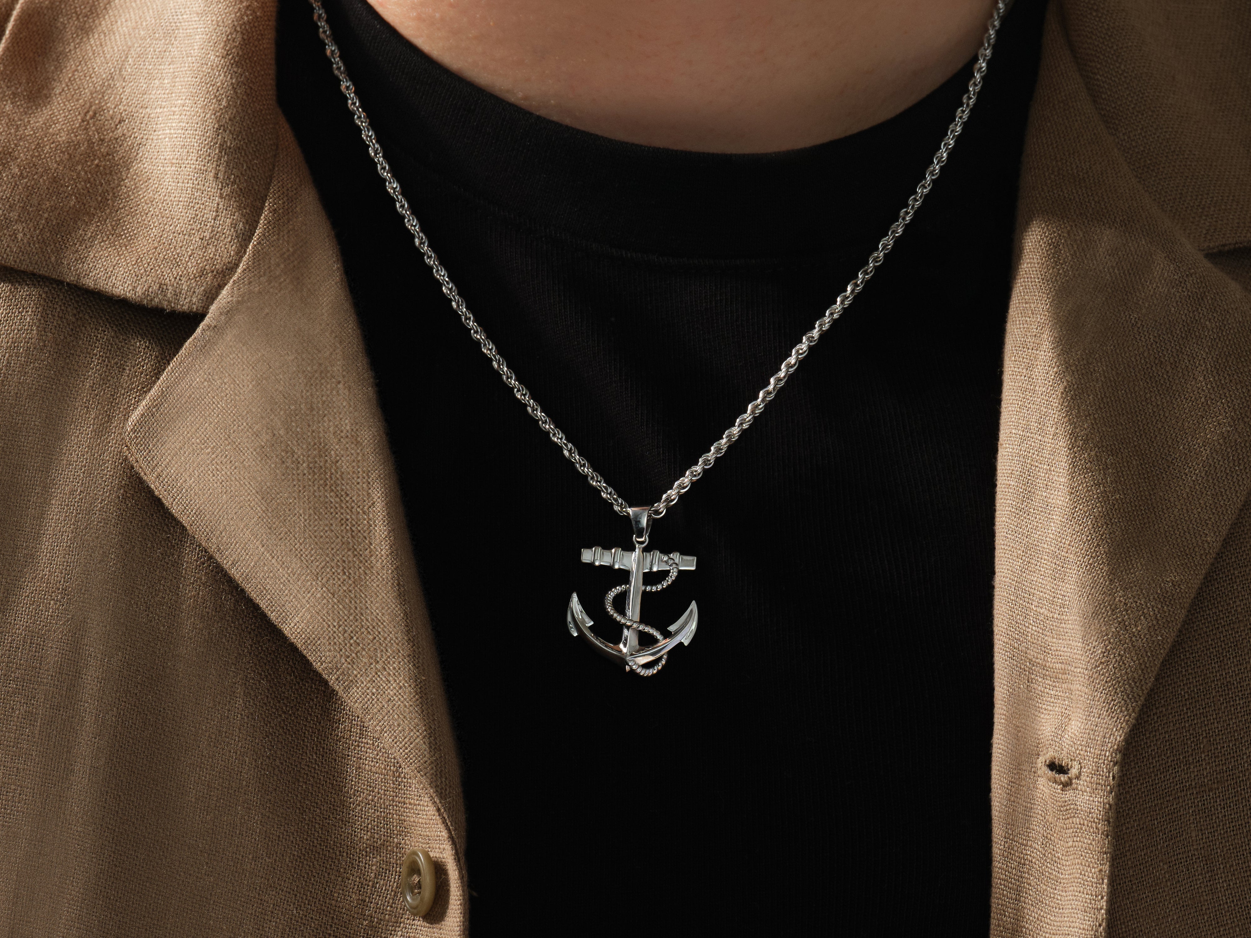 Silver anchor pendant necklace for men, nautical jewelry