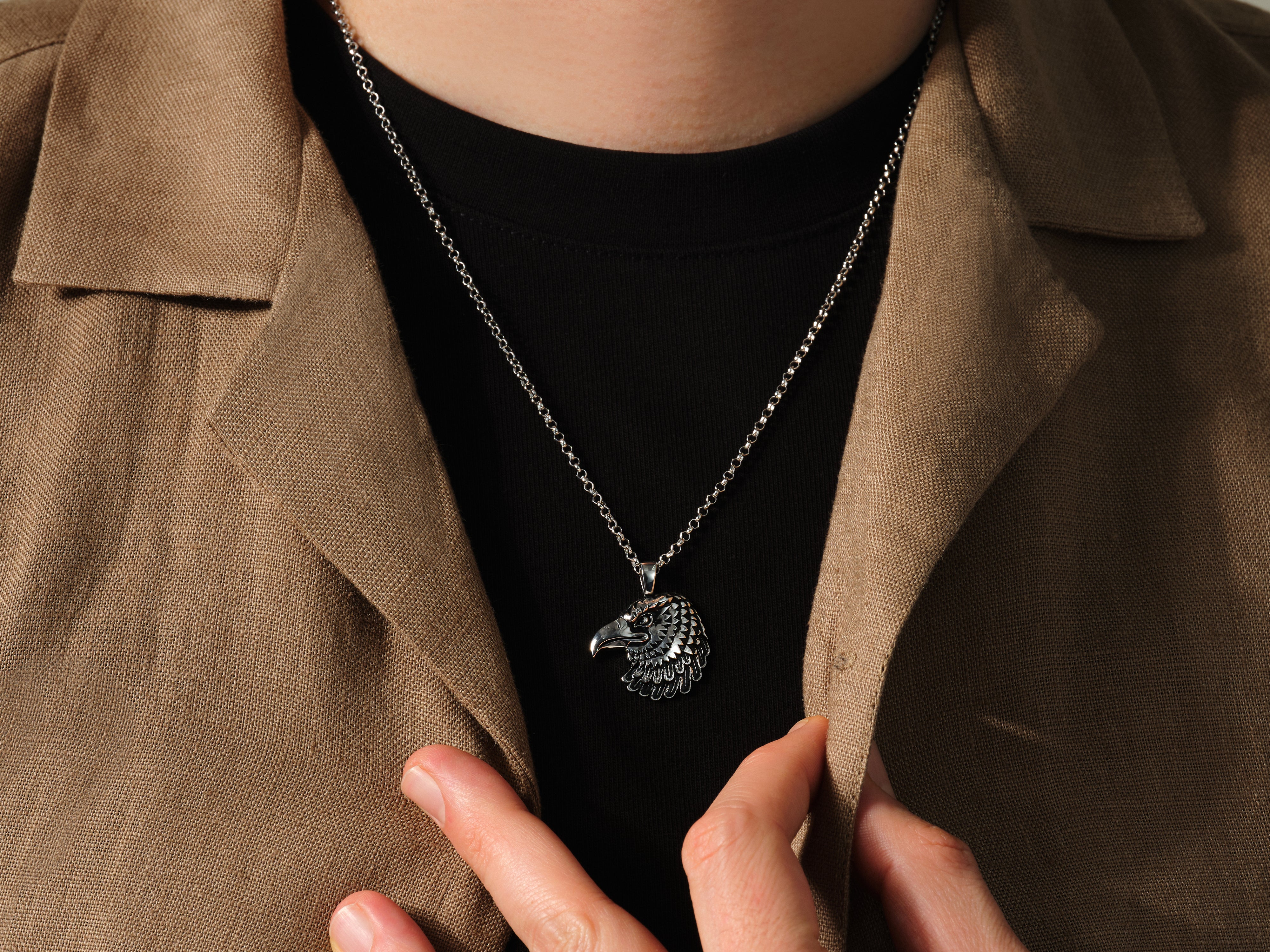 Men's silver eagle pendant necklace on chain, jewelry gift