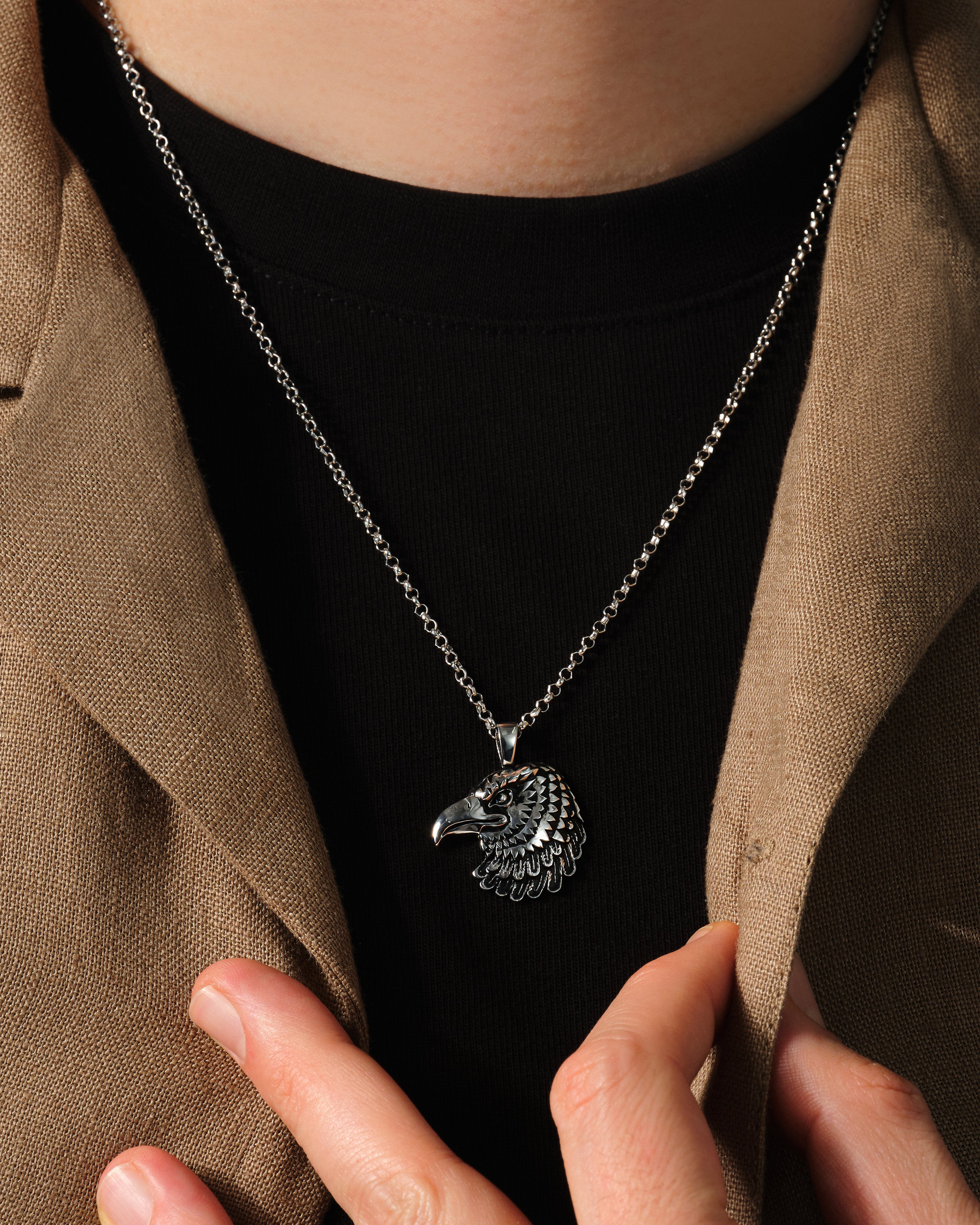 Oxidized Eagle Head Pendant Necklace - Sterling Silver