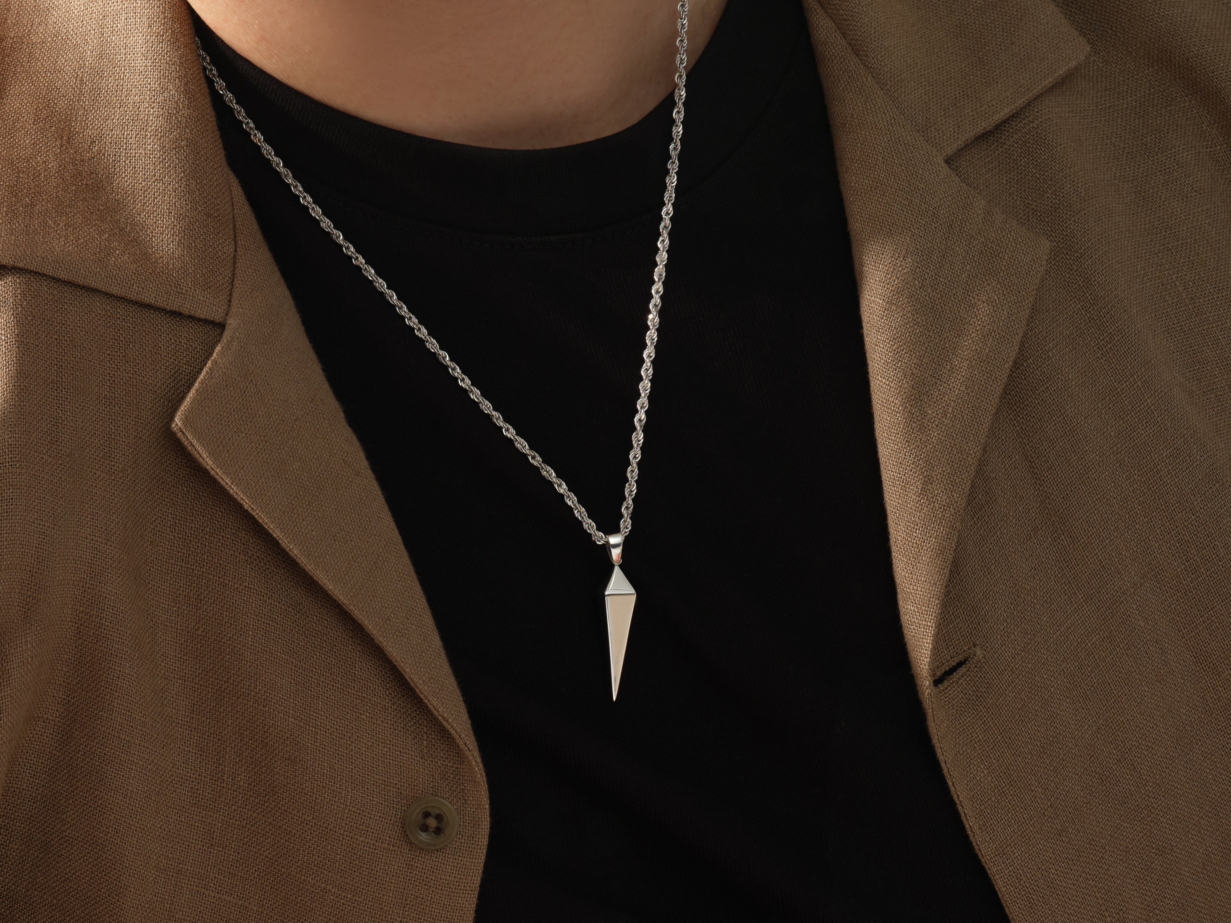 Men's silver geometric pendant necklace on rope chain