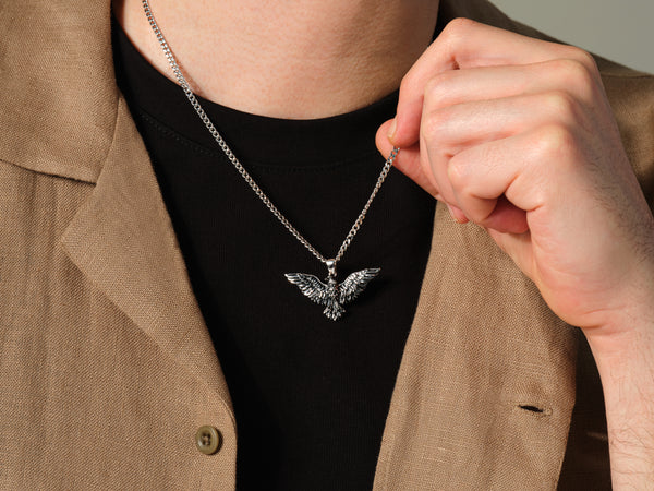 Oxidized Flying Eagle Pendant Necklace - Sterling Silver
