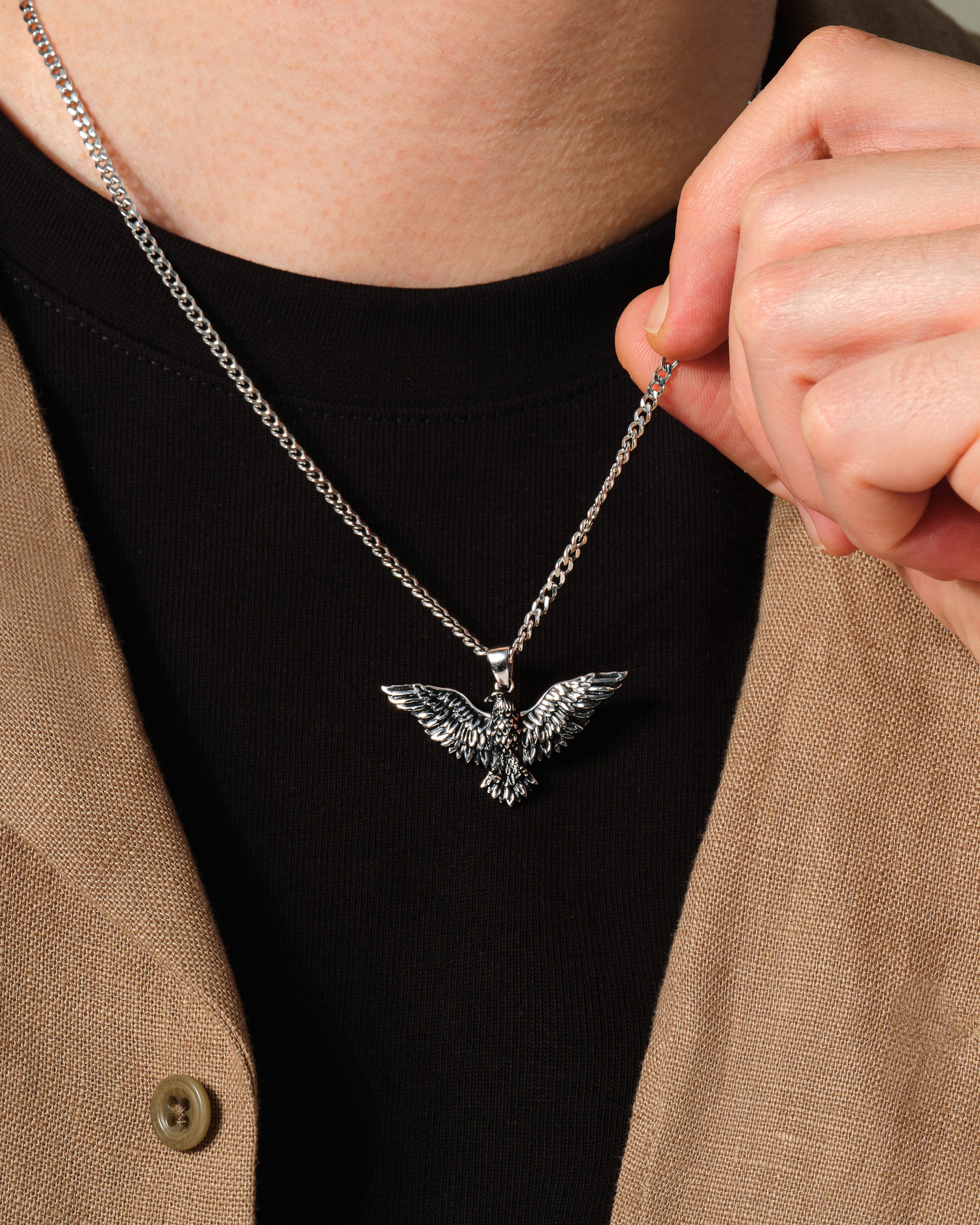 Oxidized Flying Eagle Pendant Necklace - Sterling Silver