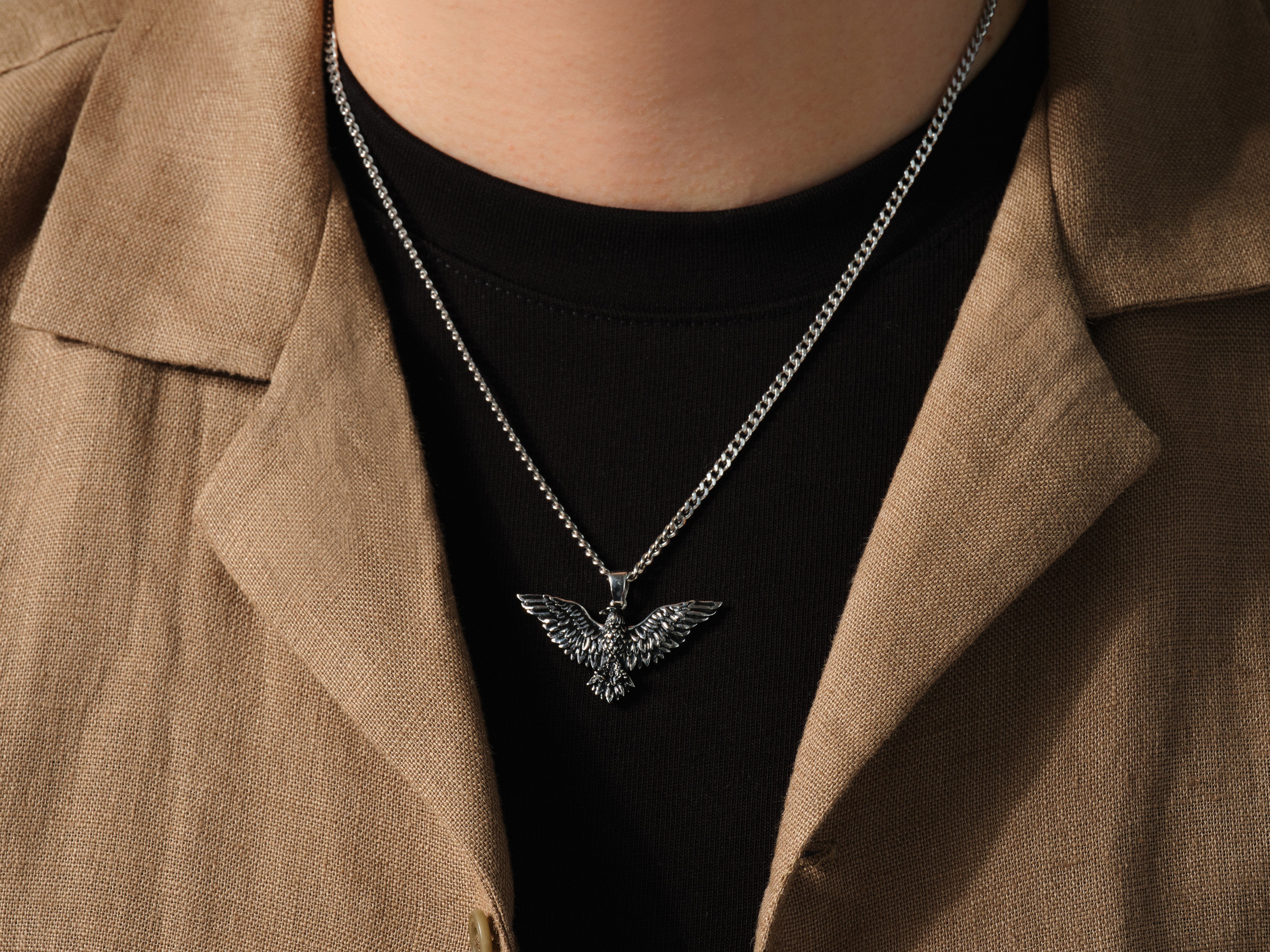 Silver eagle pendant necklace for men, jewelry gift