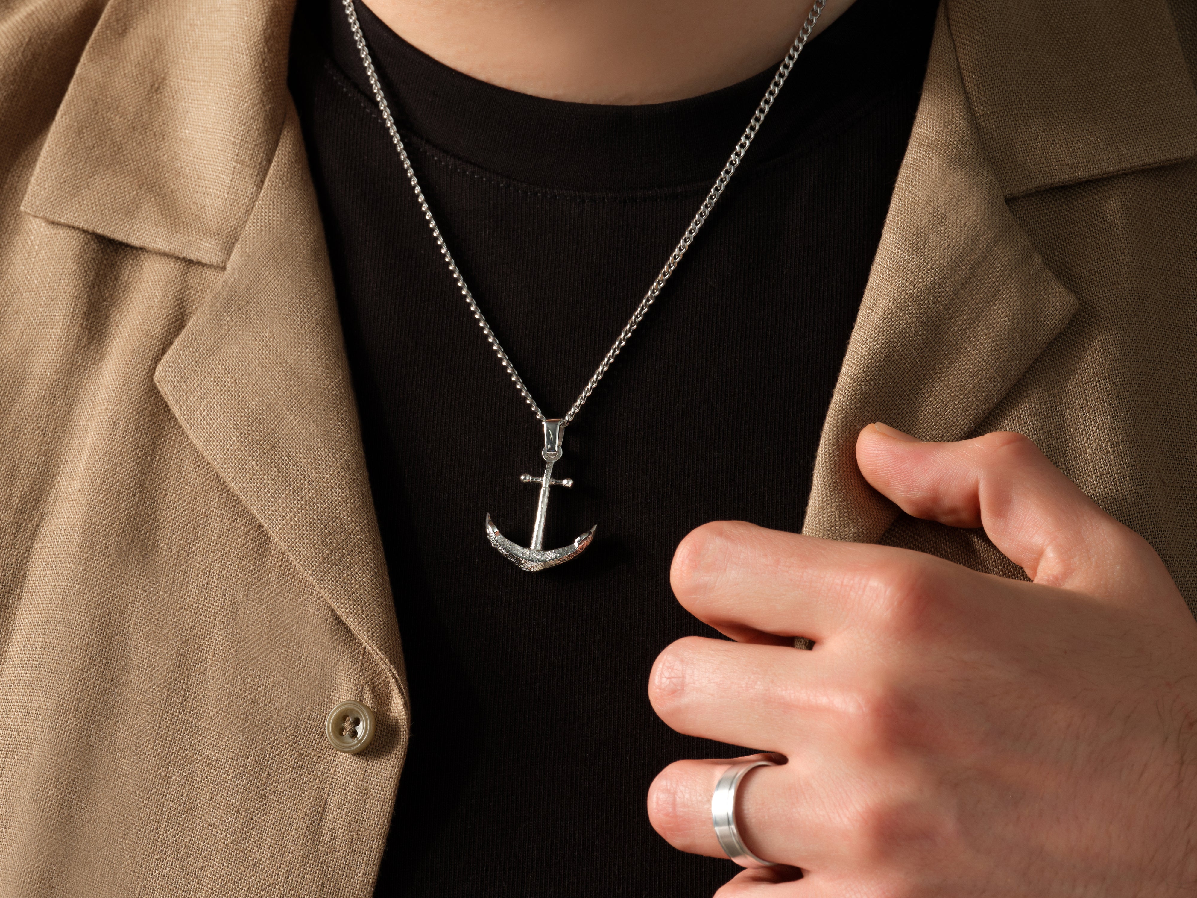 Silver anchor pendant necklace on a man, jewelry for sale