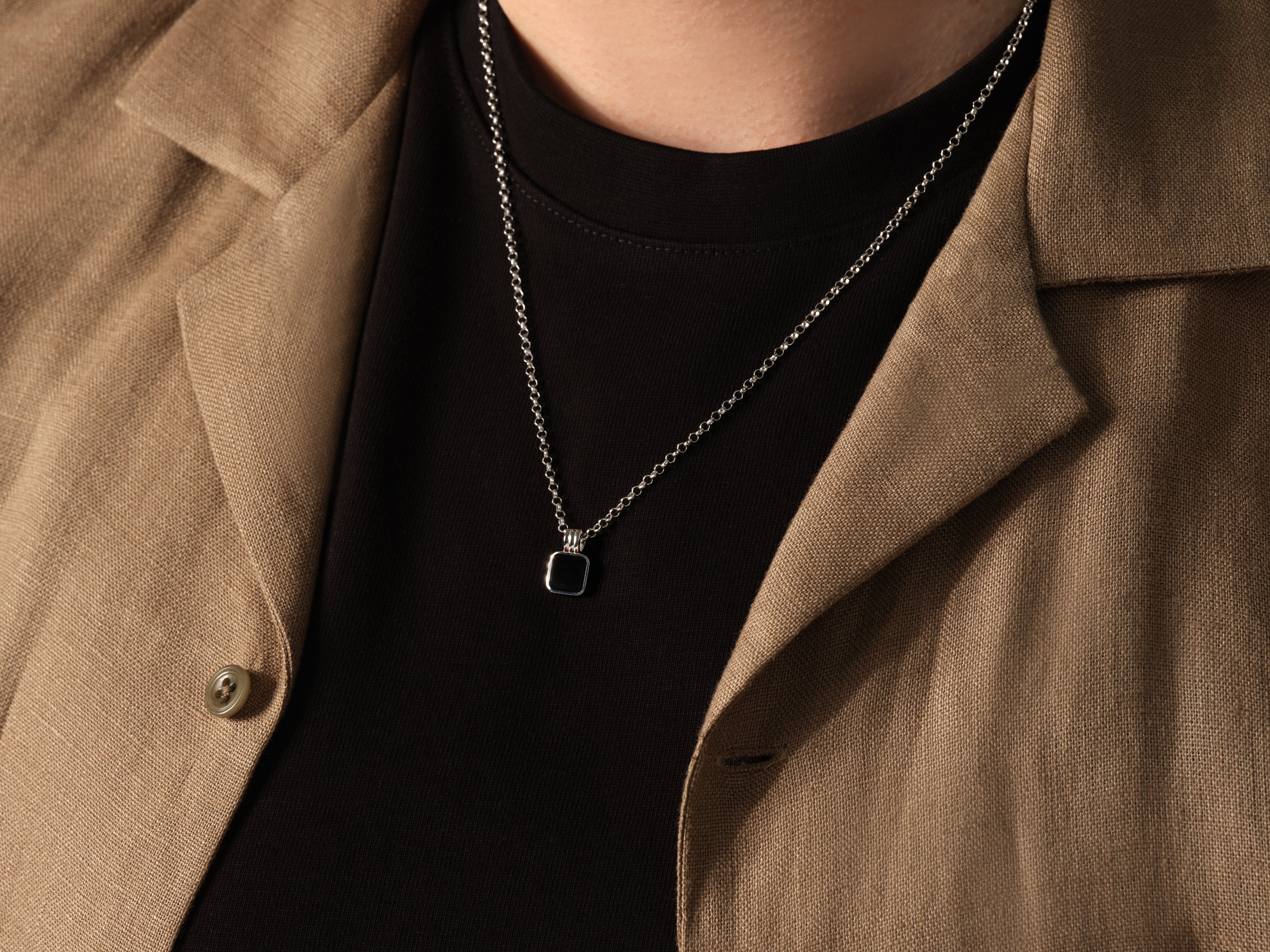 Men's silver chain necklace with black square pendant jewelry