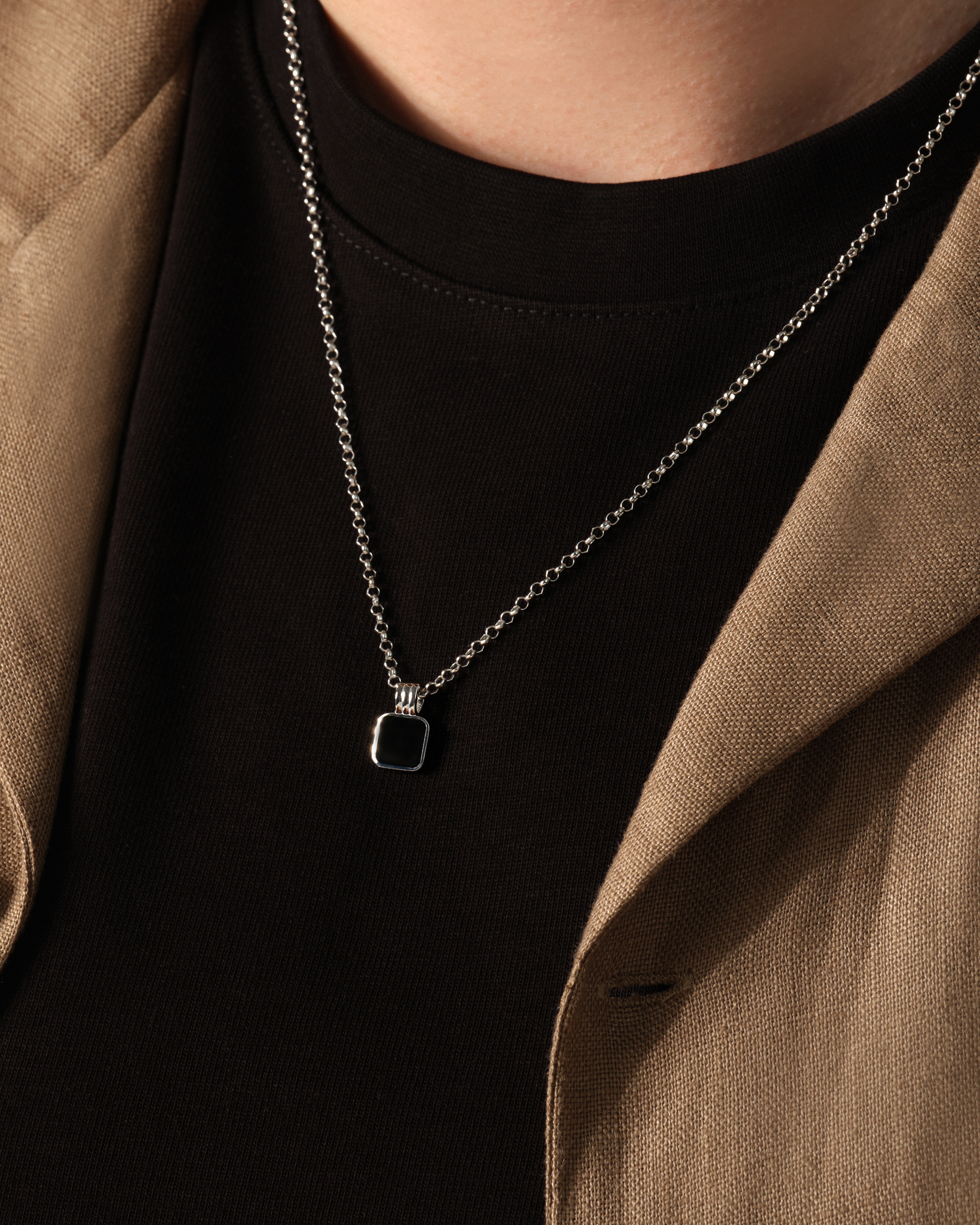 Black Enamel Square Pendant Necklace - Gold Vermeil