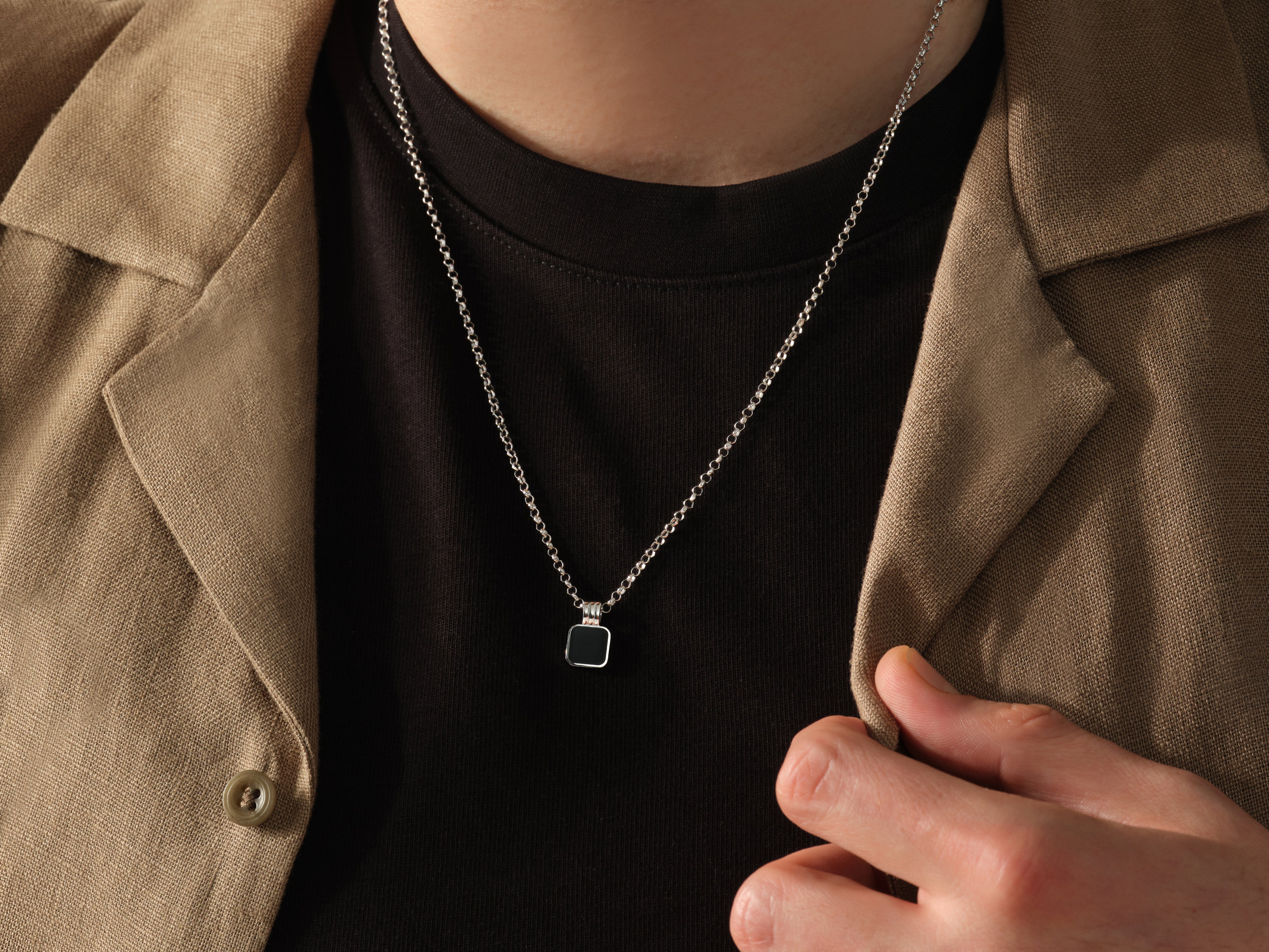 Men's silver necklace with black square pendant jewelry