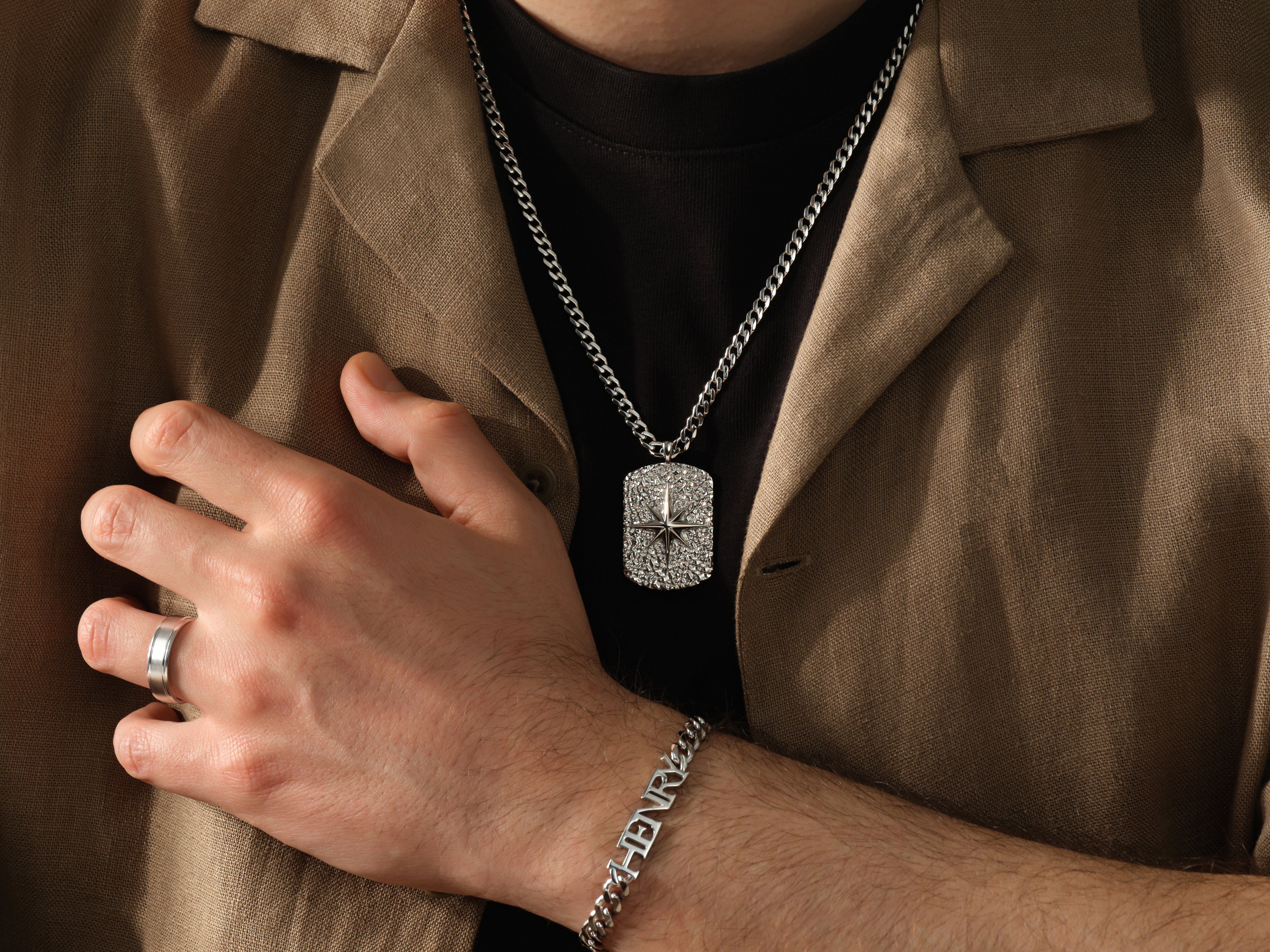 Men's silver compass pendant necklace and bracelet jewelry