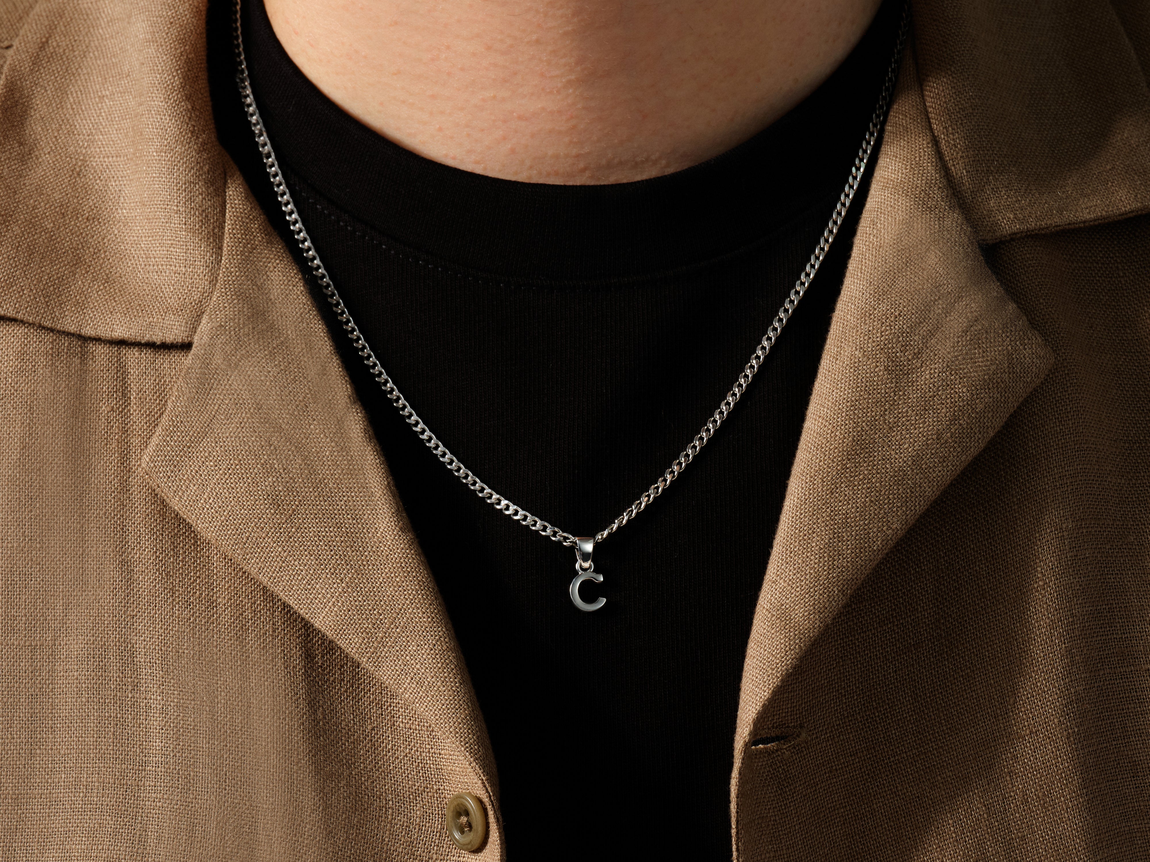 Silver initial 'C' pendant necklace for men