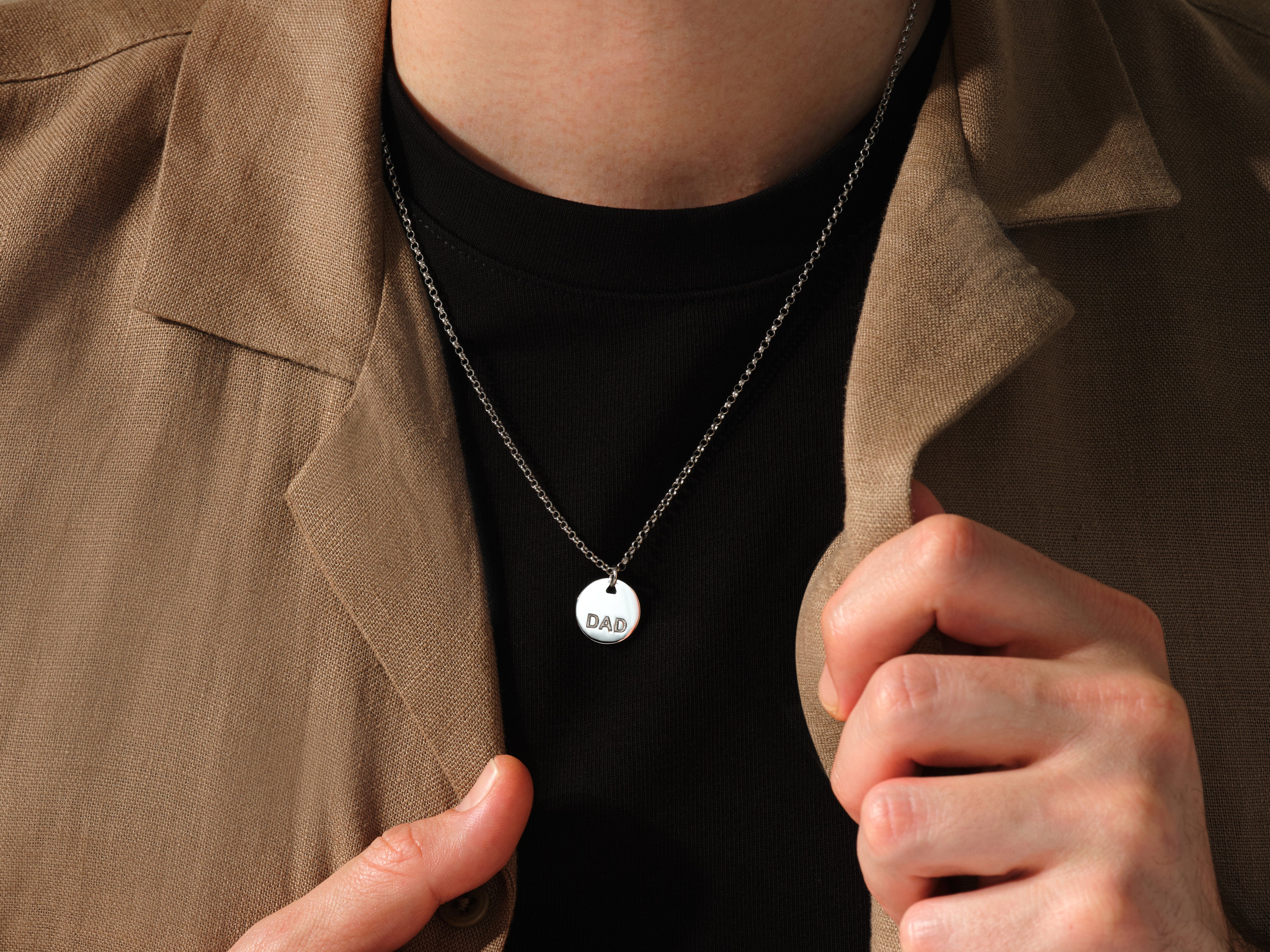 Silver Dad necklace on a man, jewelry gift for father
